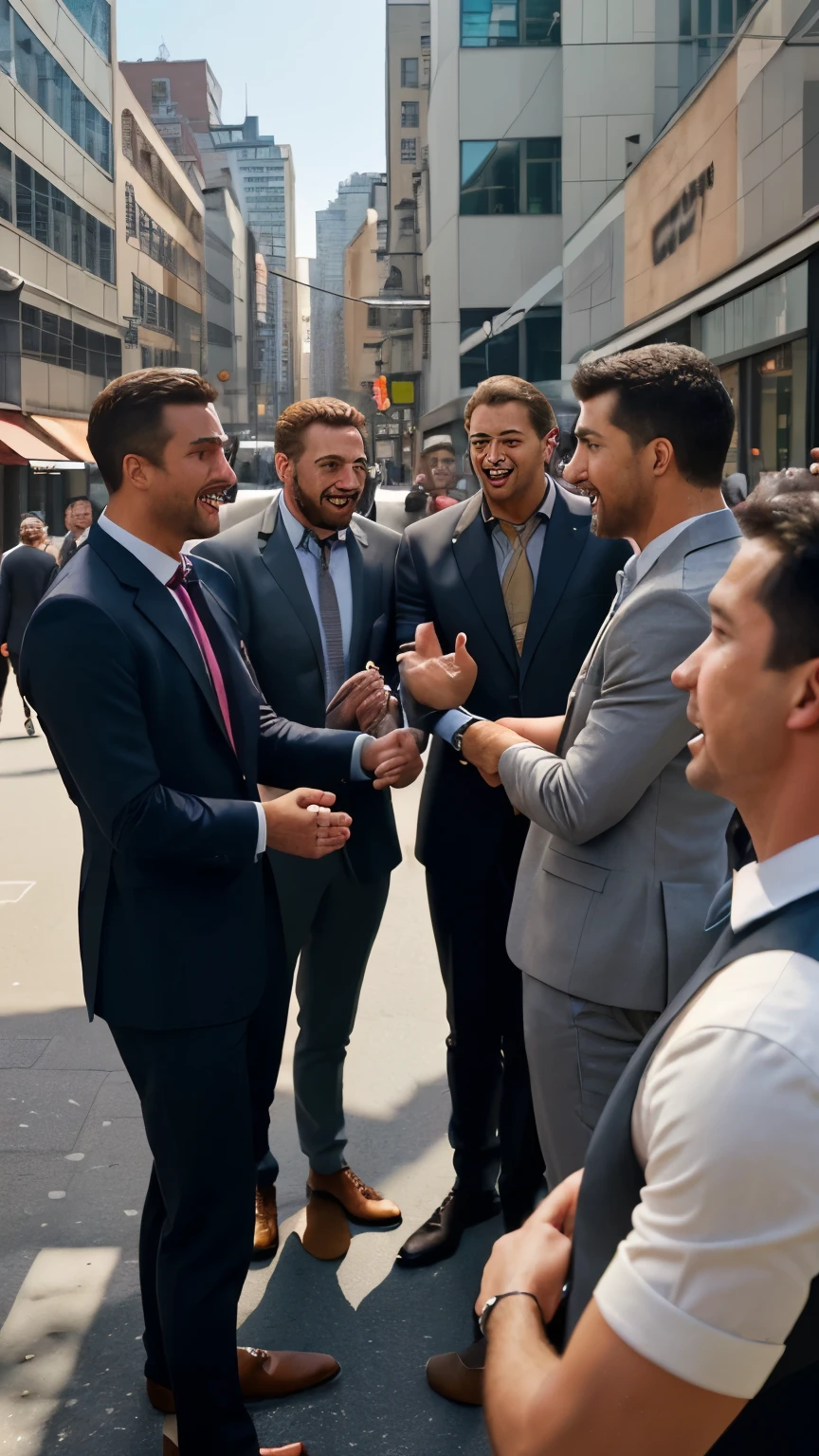 a group of men talking to each other, gesticulating and engaged in animated conversation, professional attire, diverse backgrounds, well-groomed appearance, confident and friendly expressions, natural lighting, vibrant colors, lively atmosphere, contemporary art style, high resolution, sharp focus, realistic details, vivid colors, with a touch of warm tones, capturing the energy and camaraderie of the moment, bustling city street as the background, urban setting, with buildings and pedestrians in the distance, bustling city life.