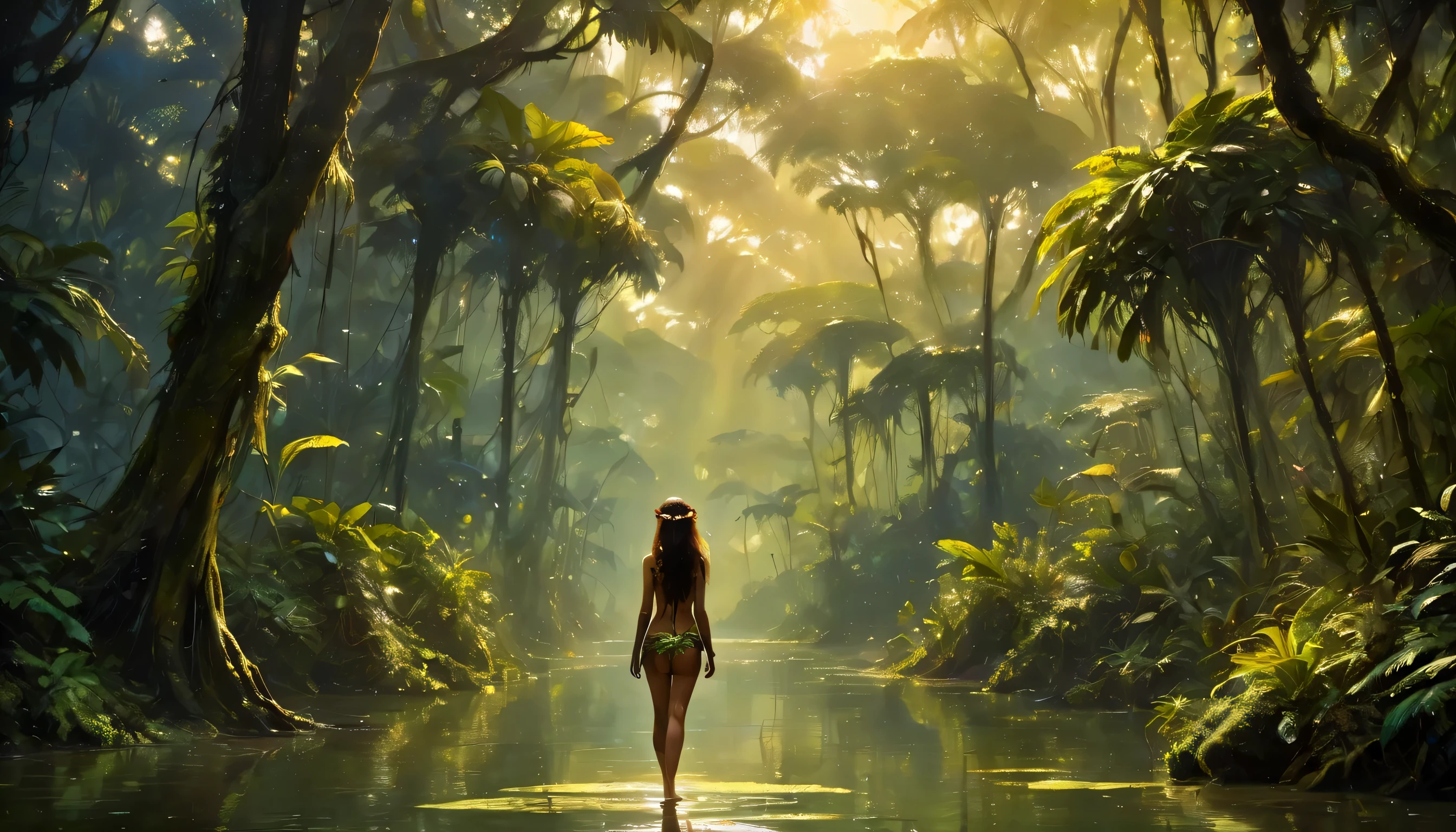 Famous works of art by (Maurice sapiro: 1.4), the beauty of the amazon rainforest, lush and dense tropical forests, super details, 8 k, vision, the body beautiful, ???? elf girl to hide in the forest, concept art, full of life, of exotic plants and animals, the evening light, 8 k complicated details, tempting, Textured hair,