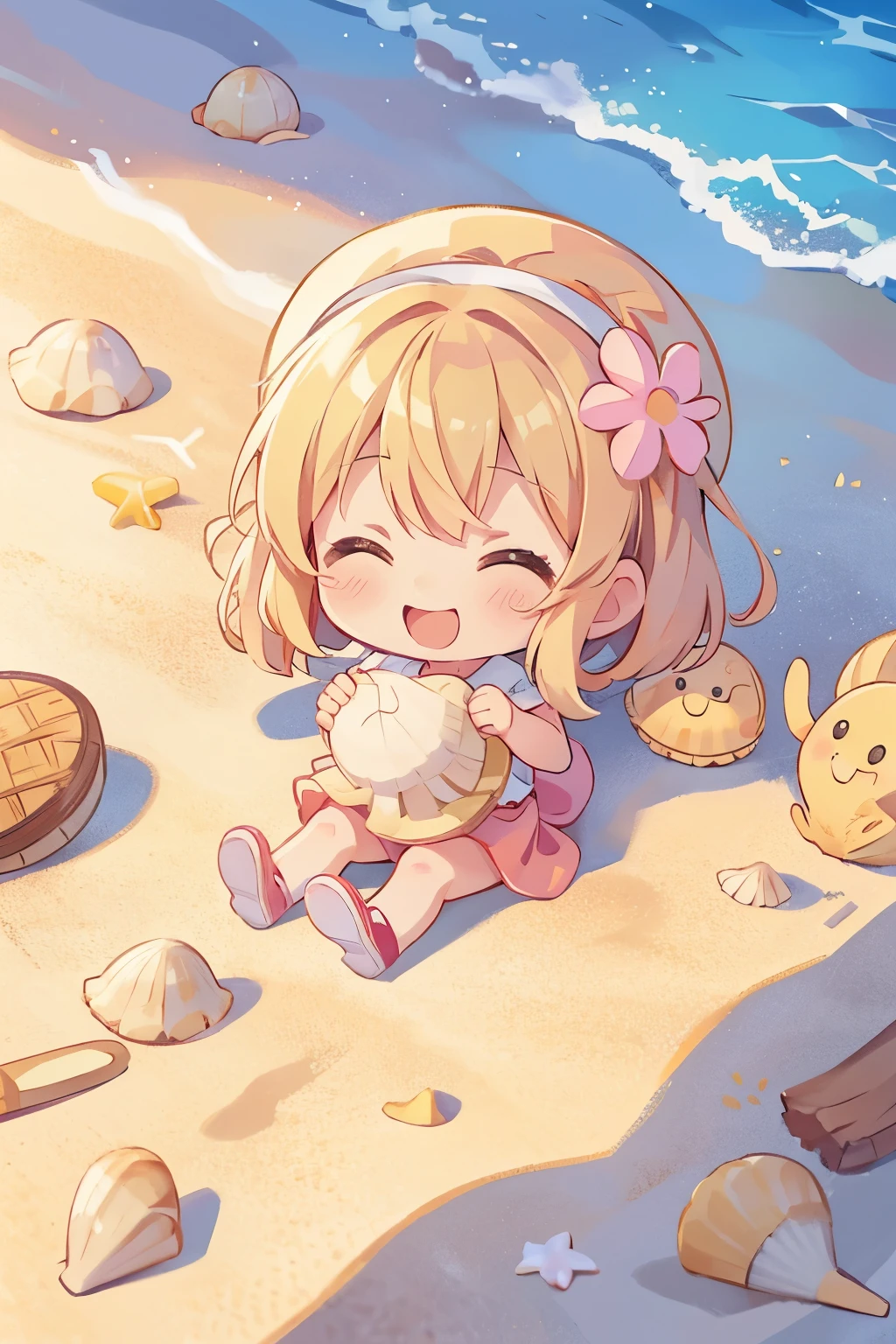 Photoreal、whole body、chibi girl、Seashell Accessories、smile、cute shoes、playing in a pile of sand