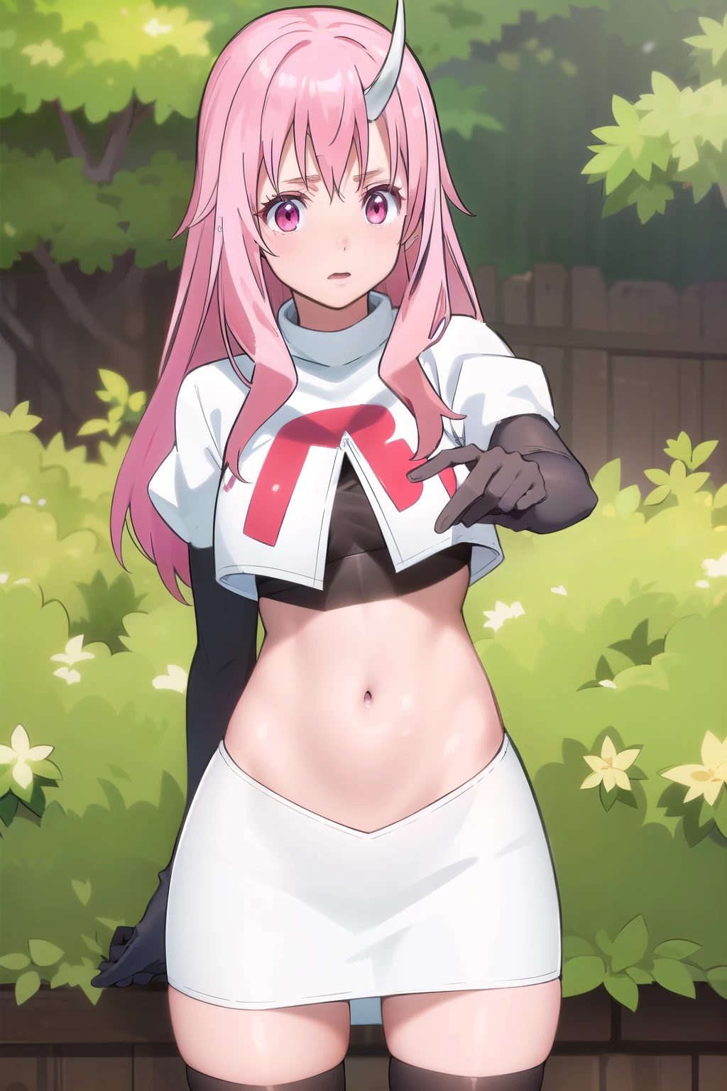 photorealistic, (4k), depth of field, (Masterpiece), (realistic skin texture), extremely detailed, intricate, hyper detailed, professional photography, high resolution, sharp detail, best quality, girl, long hair, pink hair, pink eyes, horns, team rocket,team rocket uniform,white skirt,red letter R,crop top,black thigh-highs,black elbow gloves
