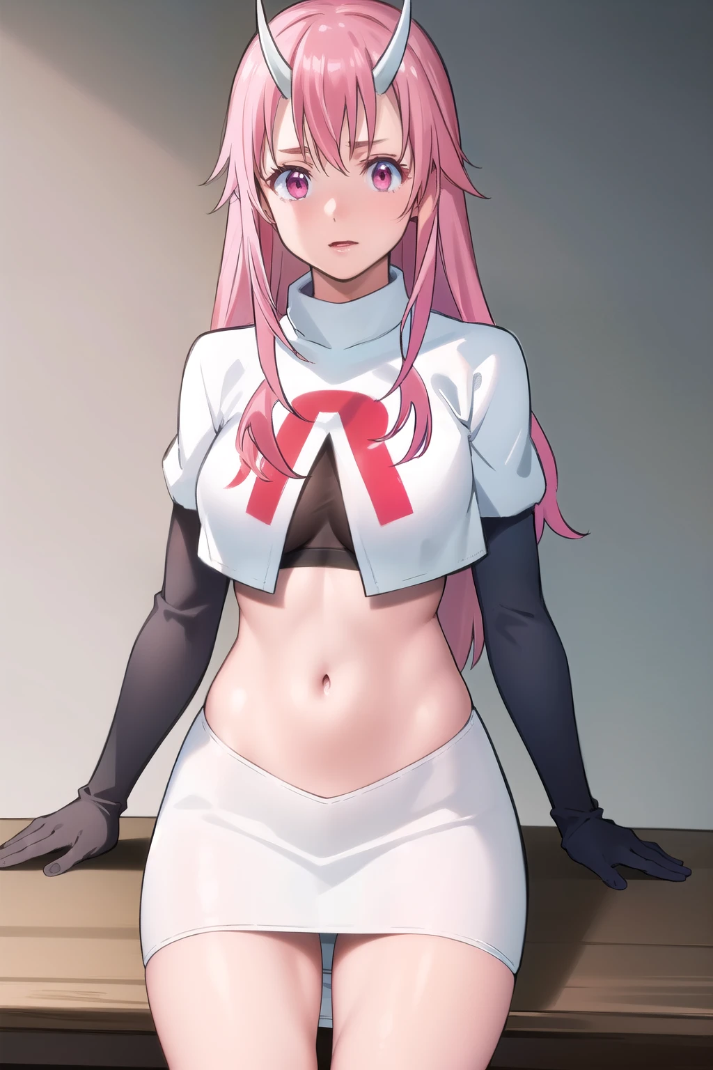 photorealistic, (4k), depth of field, (Masterpiece), (realistic skin texture), extremely detailed, intricate, hyper detailed, professional photography, high resolution, sharp detail, best quality, girl, long hair, pink hair, pink eyes, horns, team rocket,team rocket uniform,white skirt,red letter R,crop top,black thigh-highs,black elbow gloves
