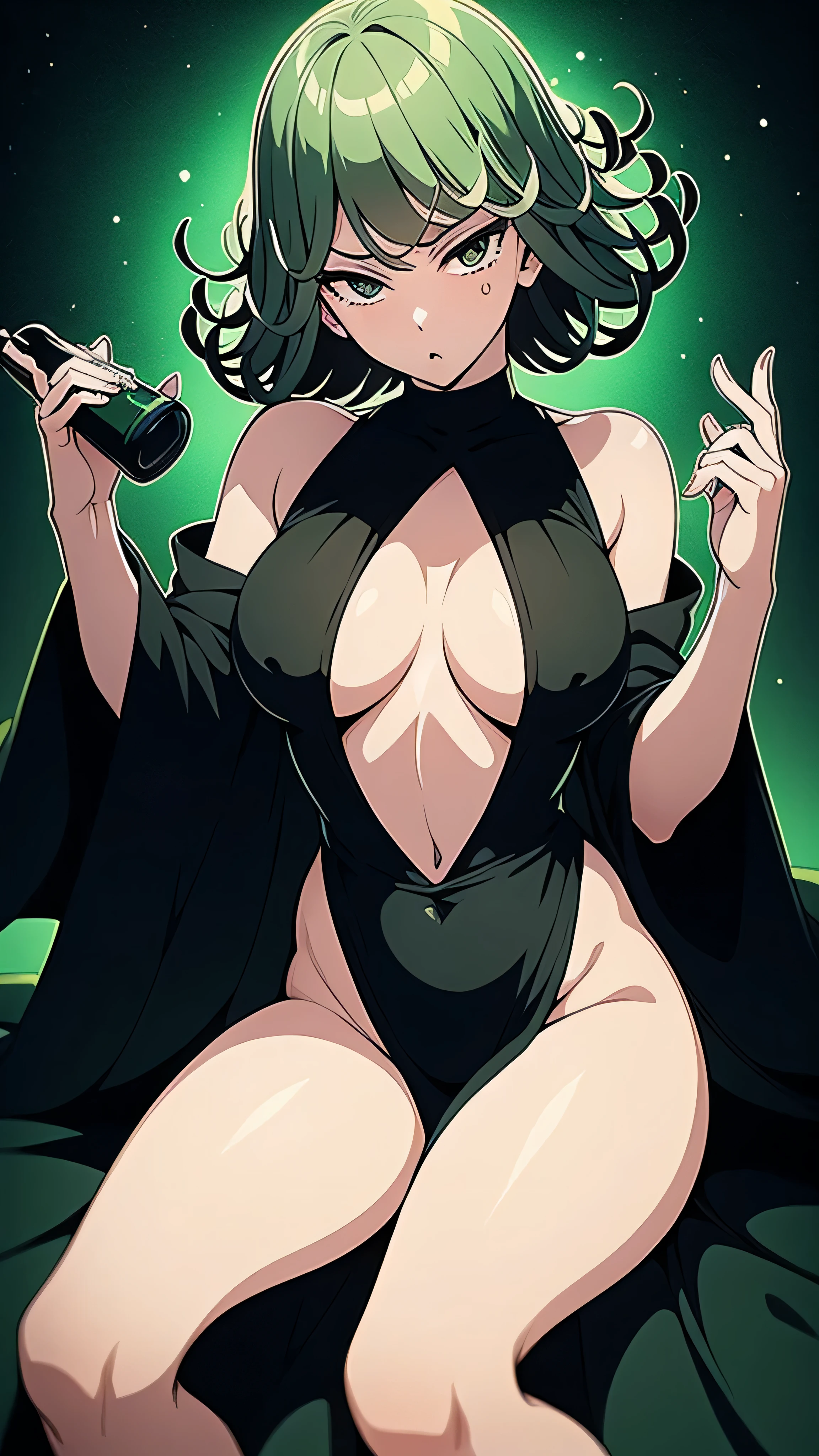 Obra maestra, Mejor calidad, ultra high resolution, cautivadora imagen de Tatsumaki, sin tetas, recubierto de abundantes cantidades de aceite, vestido con traje negro, cabello ondulado verde cayendo en cascada alrededor, seductoramente reclinado, botella de aceite en la mano.