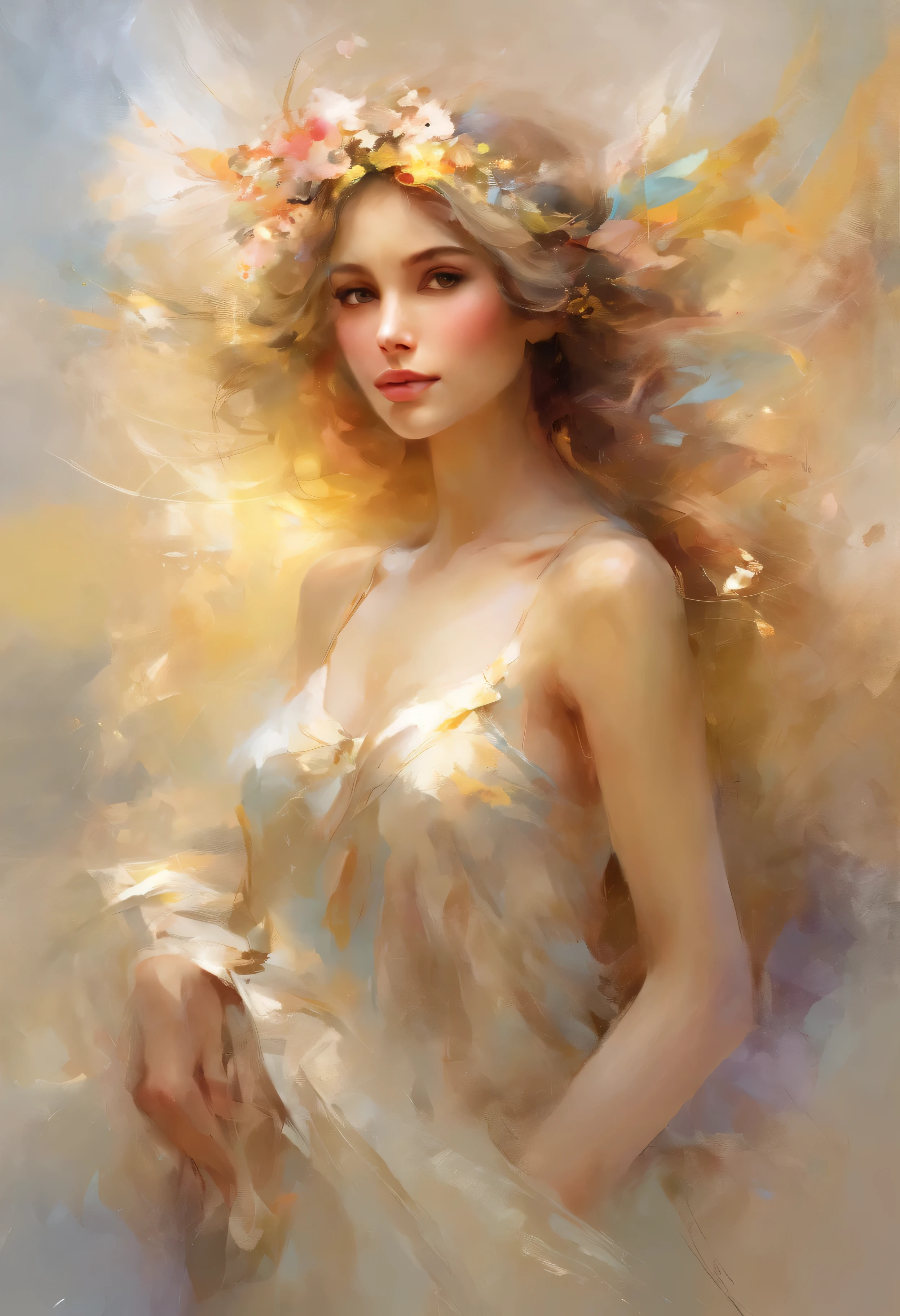 Portrait artwork inspired by Pino Daeni, perfect body shape, perfect hands, sketch, drawing, or watercolor artwork impasto style. Perfect reflections. Abstract impasto background, light beige color only