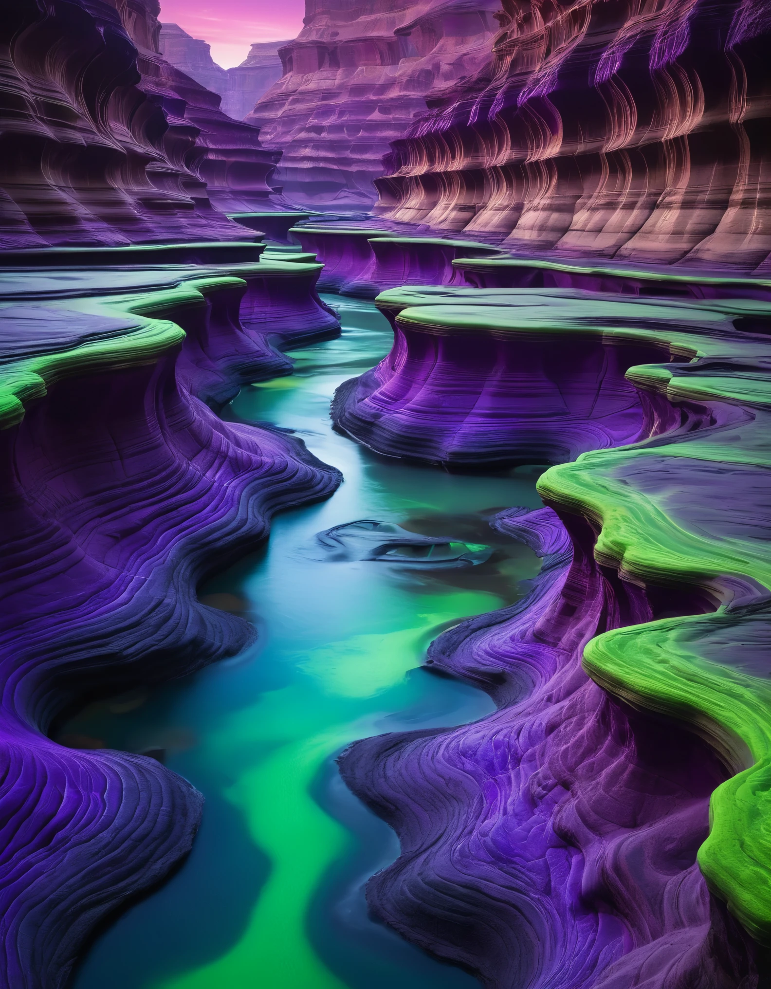 A surreal alien canyon with undulating rock formations in shades of vivid purple and neon green, carved by an ancient alien river of molten gold.
