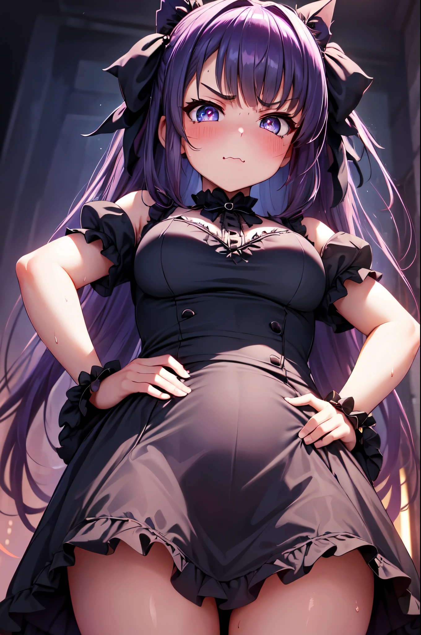 (High quality, High resolution, Fine details), Twin-tailed, (Hands on hips), Gothic Lolita dress, solo, curvy women, sparkling eyes, (Detailed eyes:1.2), (angry), blush, Sweat, Oily skin, (View from below), shallow depth of field, hazy dream-like colors, soft, warm lighting, dusk, twilight

