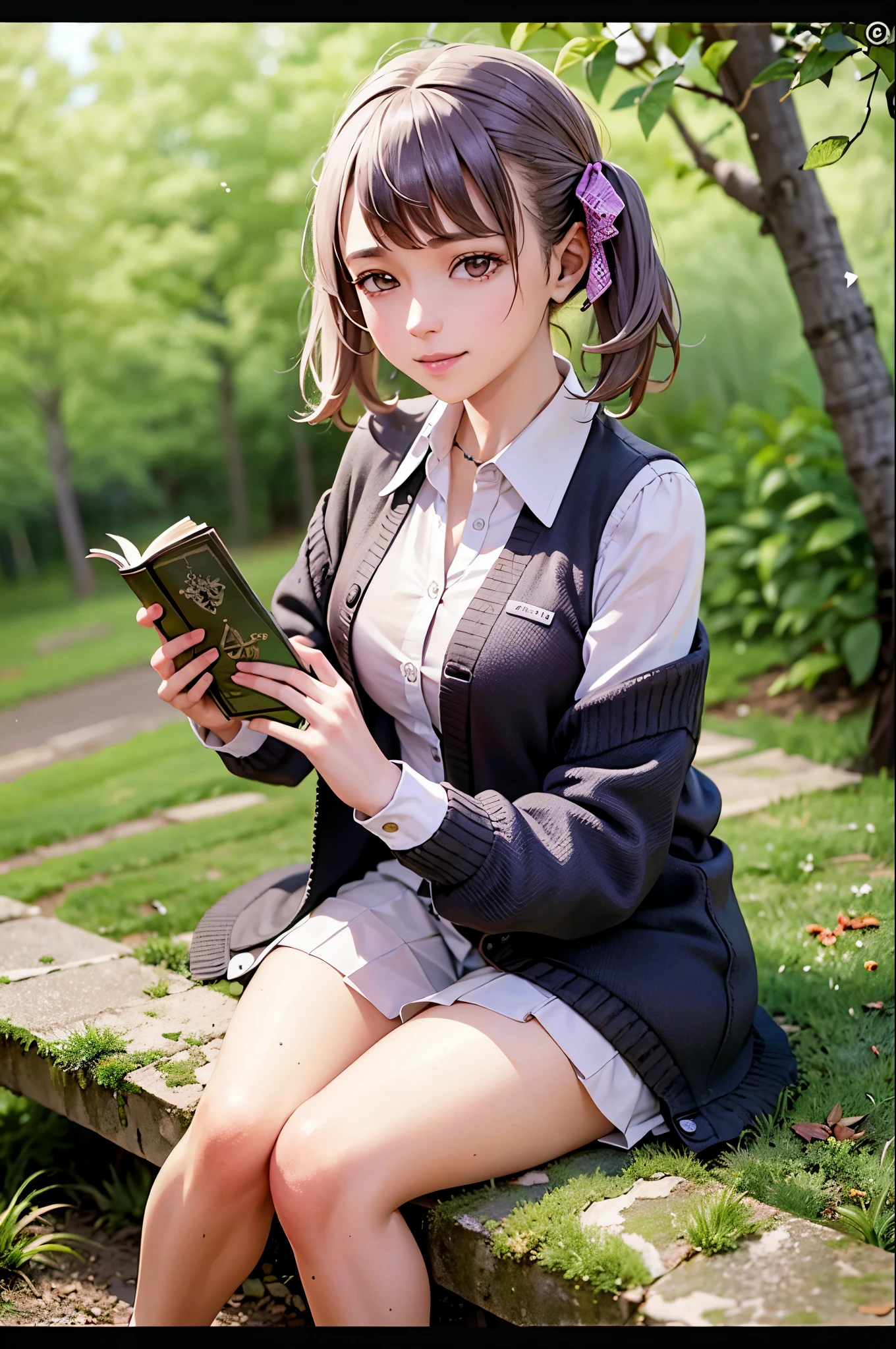 Mejor calidad, Obra maestra, buenas manos, manos perfectas,shinobu, sonrisa,pechos medianos, black cardigan, sitting under a tree, leyendo un libro, textura de piel detallada, (rubor:0.5), (piel de gallina:0.5), Subsoil Dispersion,cruzando la pierna,muslos medianos, pelo blanco
