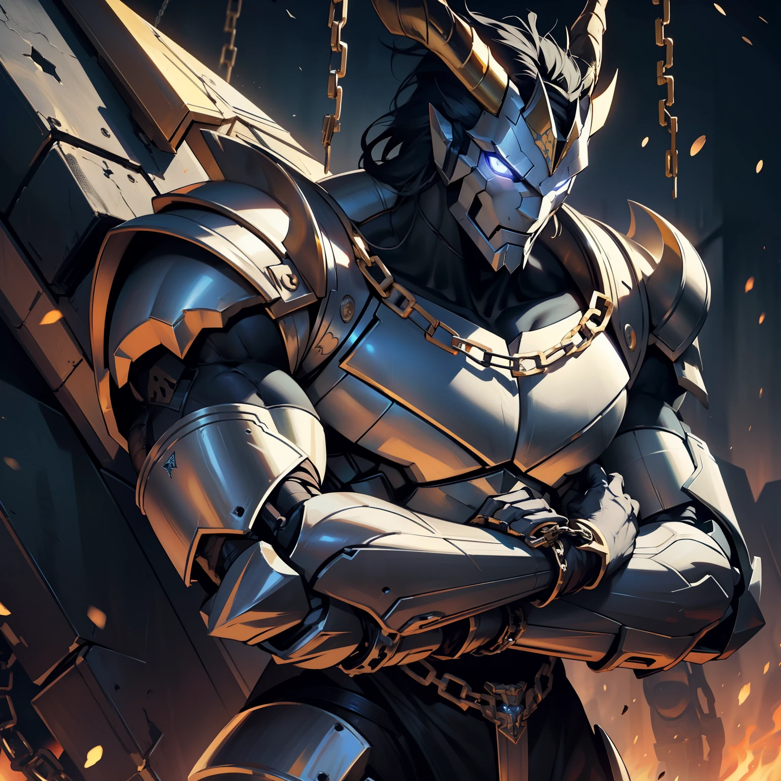 A muscular robot man with epic armor and horns on his head, adorned with chains in his arms.
A hombre robot, heavily built and magnificently armored, bearing horns atop his metallic head. Chains adorned his robust, powerful arms.