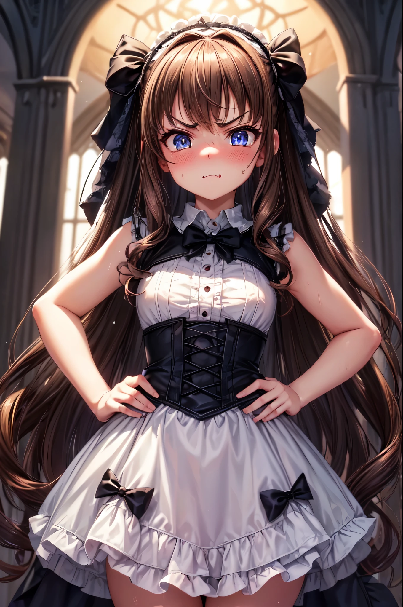 (High quality, High resolution, Fine details), Twin-tailed, (Hands on hips), Gothic Lolita dress, solo, curvy women, light brown hair, sparkling eyes, (Detailed eyes:1.2), (angry), blush, Sweat, Oily skin, (View from below), shallow depth of field, hazy dream-like colors, soft, warm lighting, dusk, twilight
