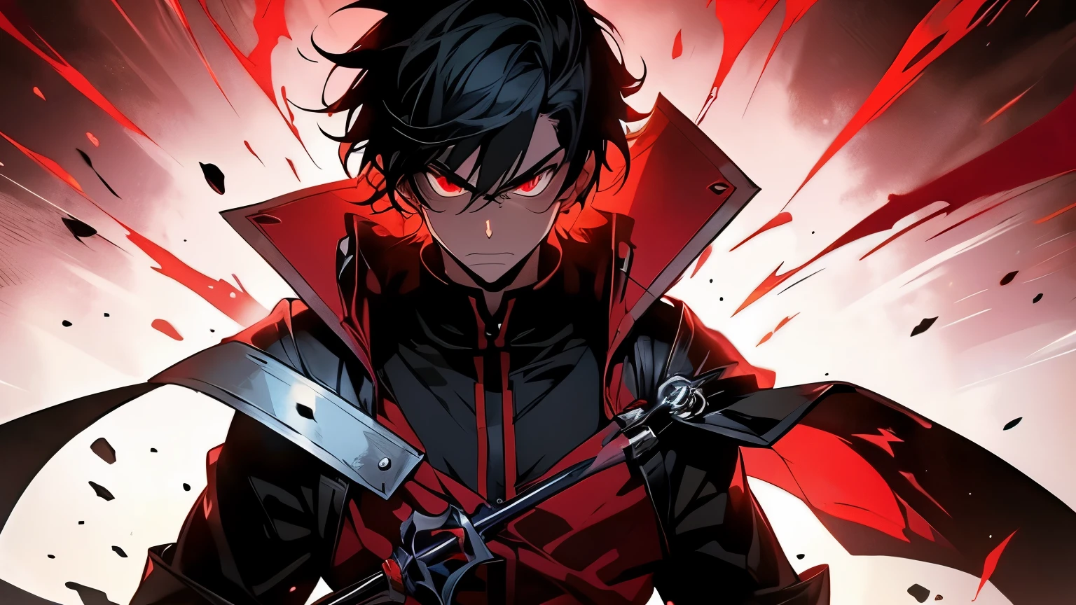 Create a red background, with an anime boy whit glowing eyes, badass pose, suspense light, angry face, shadow in face, with a spade