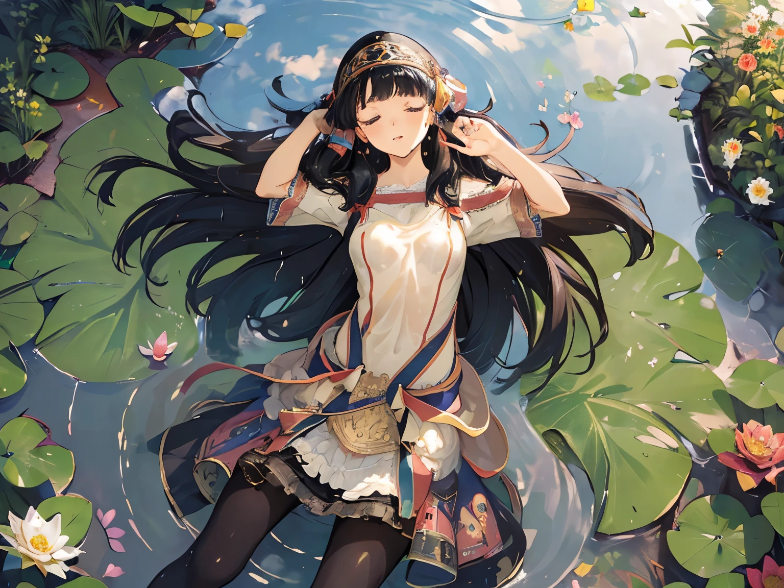 (masterpiece, absurd quality, best quality, official art, beautiful and aesthetic:1.2), 16K, cute it girl, extreme detailed, digital art, colorful, highest detailed, vivid color, by famous artist, (transform sequence), dynamic angle, landscape, scenery, flower, deep pond, dim , (floating on the pond), (soro:1.5), (1girl:1.5), lipstick, eyelashes, extremely detailed face, eyelashes, extremely detailed face, (perfect legs, perfect hands, perfect anatomy：1.1), depth of field, beautiful lighting, (floating hair:1.3), detailed skin, shiny, (suspended:1.5), (Uplifting:1.5), shiny skin, shiny hair, shiny face, shiny skin, charshall2, (voluminous frills skirt,:1.5) ,(voluminous panniers in skirt:1.5), (sexual feeling:1.5), full body, (from above:1.4), (lie down on the pond:1.5), closed eyes, (wet clothes:1.4), pantyhose, very wide shot, (floating on the pond:1.3)