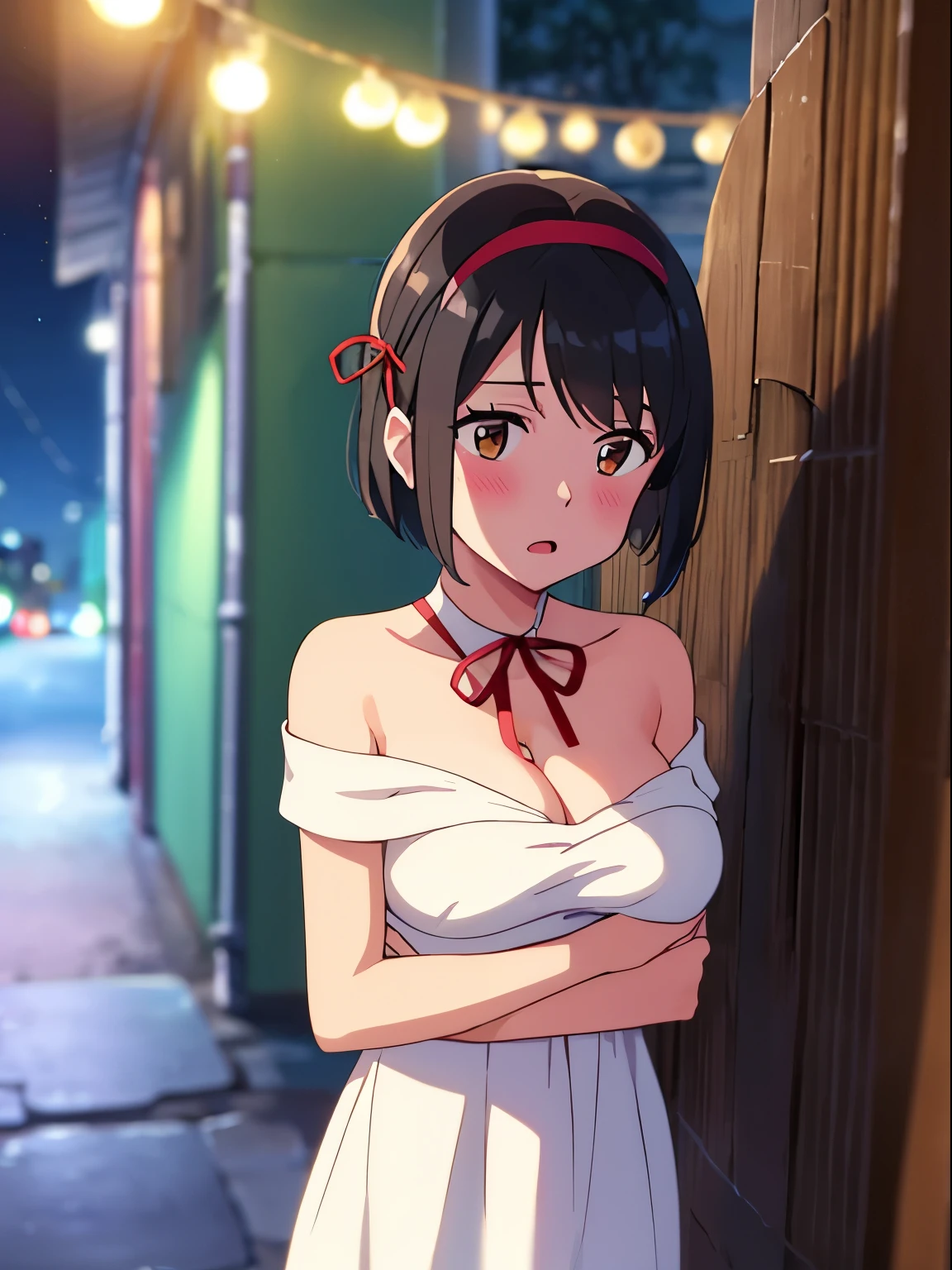 1boy, buzzcut, boy behind girl, touching chest, breatsgrope from behind, grab, grabbing chest,chestgrab behind back, hold breast, hug back, hugging, neck kiss, 1girl, bangs, black hair, blush, brown eyes, red headband, red ribbon, short hair, white dress, off shoulder, cleavage, open mouth, medium breasts, dark Alley, night, night sky