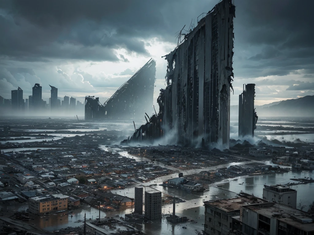 (aerial view),devastating earthquake and tsunami,destroyed cityscape,raging floodwaters,desperate escape,chaotic scenes of destruction,overwhelming power of nature,horrific disaster,ominous atmosphere,post-apocalyptic,desolate landscape,ruins and debris,people in panic,evacuation efforts,emergency responders,scattered belongings,dark clouds looming,tearing apart the city,surreal destruction,calamity from above,unfathomable destruction,oceanic mayhem,catastrophic aftermath,shattered buildings,alarming devastation,desperate survivors,terrifying waves,rampaging floodwaters,unpredictable forces of nature,unrelenting chaos,wreckage and ruin.

(best quality,4k,8k,highres,masterpiece:1.2),ultra-detailed,(realistic,photorealistic,photo-realistic:1.37),HDR,UHD,stark lighting,dramatic colors,intense emotions,haunting image,foreboding atmosphere,dystopian art style,going beyond reality,emotional impact,wrecked beauty,black and white contrast,dramatic chiaroscuro,fierce contrasts,impressionistic rendition,vivid depictions,epic scale,frozen in time,unsettling ambiance,raw emotions,unfiltered realism,surrealistic scene,ethereal aesthetic.