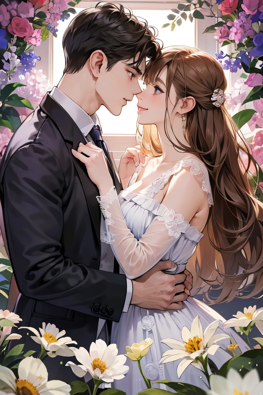 (table top, digital illustration, 4k, 8k, Super detailed, beautiful images, clear image,  perfect face, perfect lines, perfect eyes, soft lighting) 1 female, (light brown hair,chignon hair,innocent look,droopy eyebrows,droopy eyes、With a round face,round chin、innocence,cute,Big eyes,natural makeup,smile gently,E cup,23 years old:1.3),Two handsome men in suits, (human,man in suit,muscular、solid shoulder width,  boyish hairstyle,A man in his 30s with a cool expression,28 year old man with a bright smile:1.2),garden full of light、lots of flowers、colorful flower light,(embarrassing,shy smile:1.2),kiss、カップルkiss、romance porn、couple of man and woman hugging each other、flower shop
