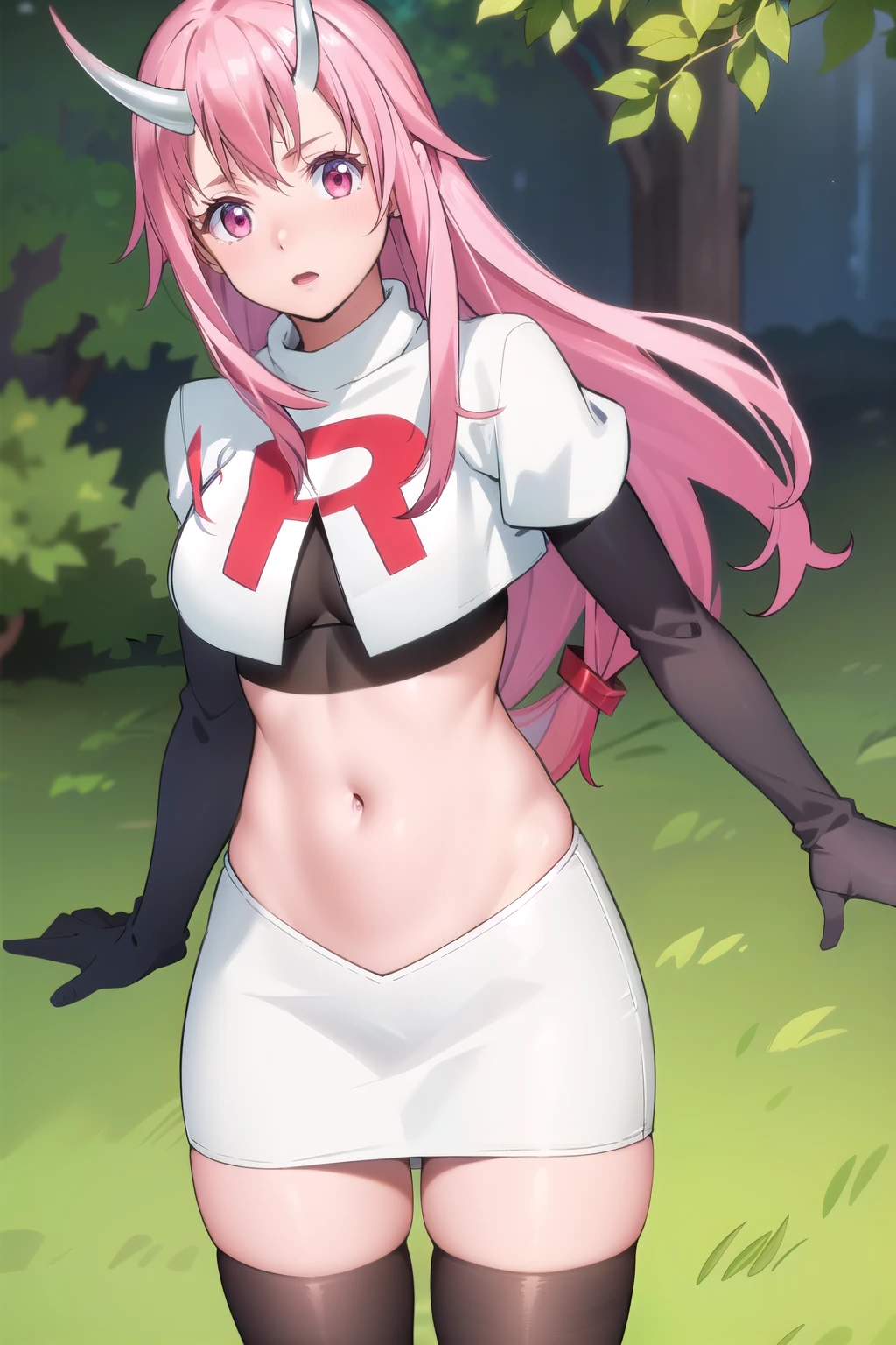 photorealistic, (4k), depth of field, (Masterpiece), (realistic skin texture), extremely detailed, intricate, hyper detailed, professional photography, high resolution, sharp detail, best quality, girl, long hair, pink hair, pink eyes, horns, team rocket,team rocket uniform,white skirt,red letter R,crop top,black thigh-highs,black elbow gloves
