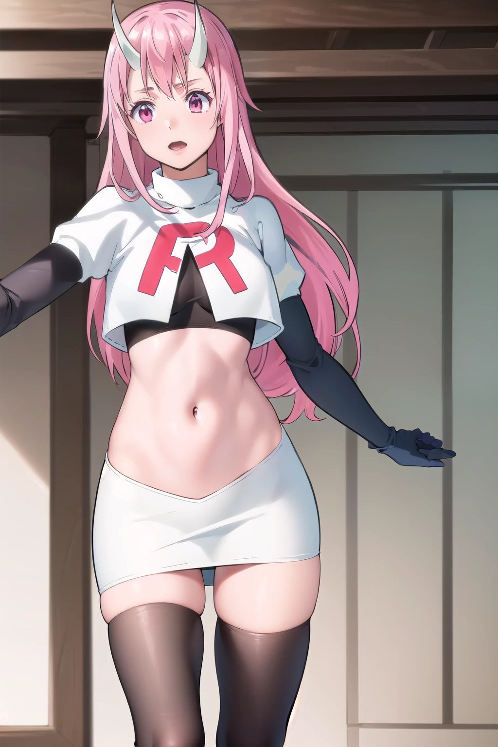 photorealistic, (4k), depth of field, (Masterpiece), (realistic skin texture), extremely detailed, intricate, hyper detailed, professional photography, high resolution, sharp detail, best quality, girl, long hair, pink hair, pink eyes, horns, team rocket,team rocket uniform,white skirt,red letter R,crop top,black thigh-highs,black elbow gloves
