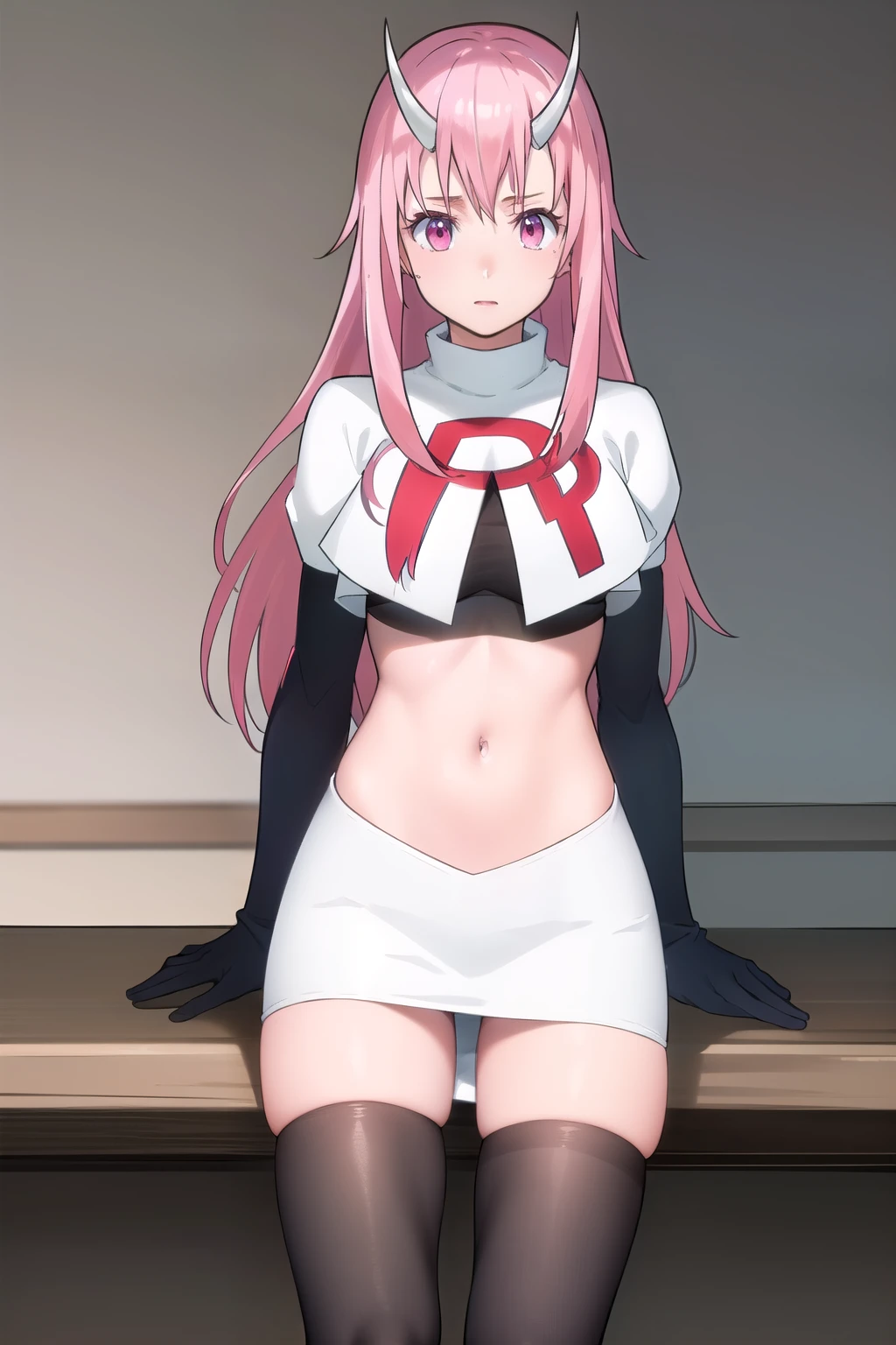 photorealistic, (4k), depth of field, (Masterpiece), (realistic skin texture), extremely detailed, intricate, hyper detailed, professional photography, high resolution, sharp detail, best quality, girl, long hair, pink hair, pink eyes, horns, team rocket,team rocket uniform,white skirt,red letter R,crop top,black thigh-highs,black elbow gloves
