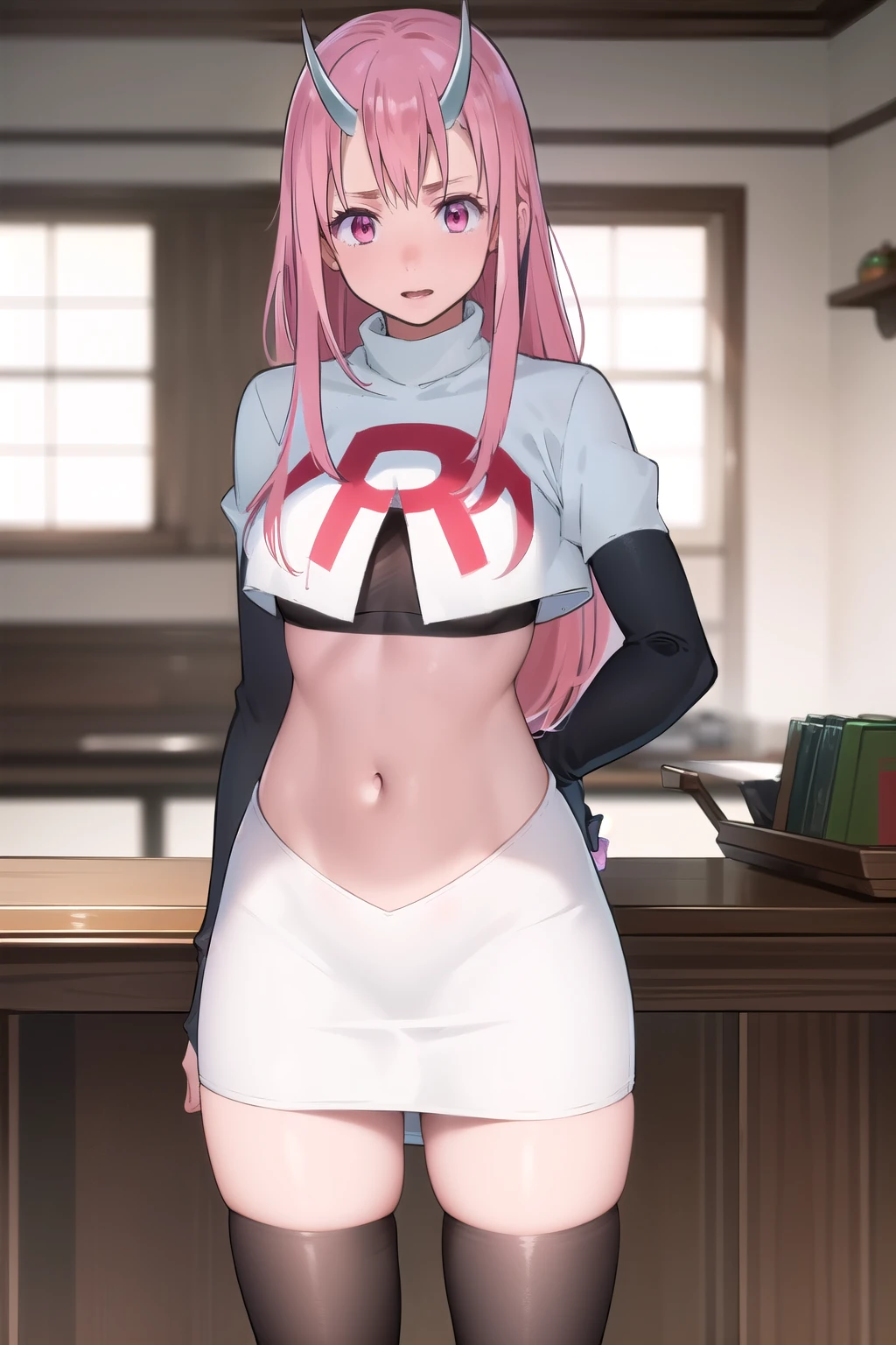 photorealistic, (4k), depth of field, (Masterpiece), (realistic skin texture), extremely detailed, intricate, hyper detailed, professional photography, high resolution, sharp detail, best quality, girl, long hair, pink hair, pink eyes, horns, team rocket,team rocket uniform,white skirt,red letter R,crop top,black thigh-highs,black elbow gloves