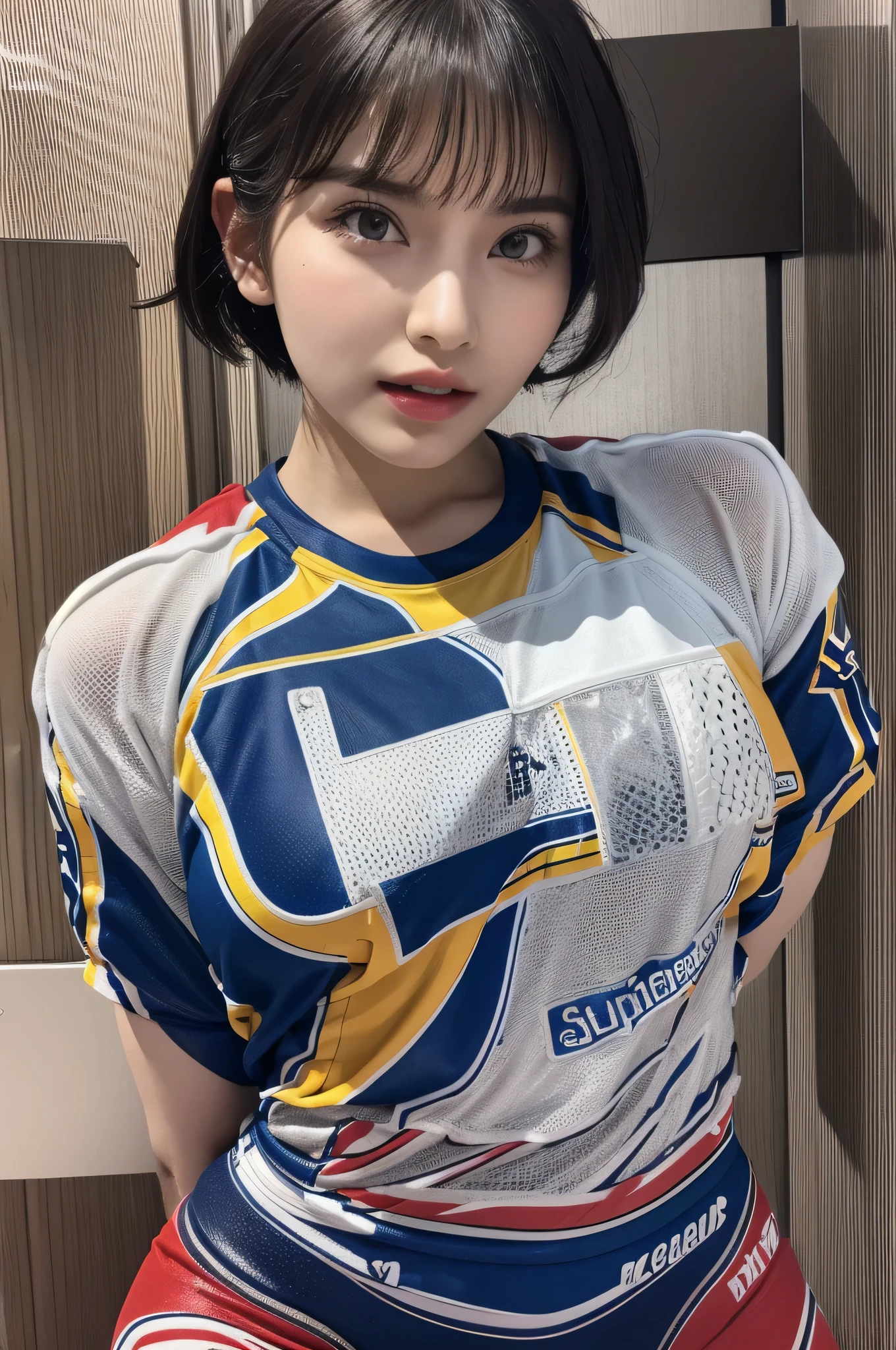 (((8K quality))).((((sex))))black hair, short bob hair, {{{highest quality}}}, {{{realistic}}}, (((shiny oily skin))), large amount of chest sweat,luxury hotel room, (((huge breasts))), perfect body, From above, from the front ,(((volleyball uniform)))、cleavage、