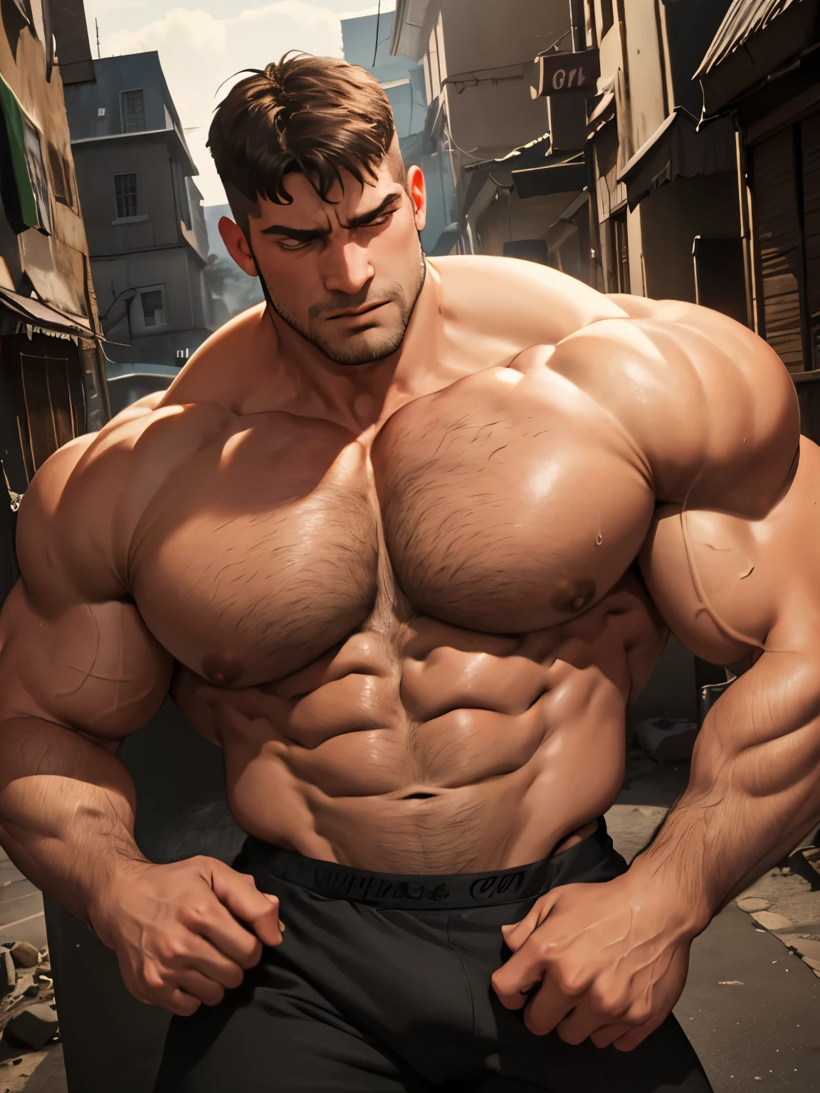 (giant, colossal, muscular, gigantic man, expressive face, well-defined chin, very well defined face,larger-than-life figure, towering presence, overwhelming size, immense power, massive strength), gigantic man, expressive face, well-defined chin, very well defined face, growing in size with each passing moment, expanding exponentially, becoming larger and larger than any man-made structure, dominating the landscape, a true titan among men, with every muscle and sinew rendered in detail, every bulge and vein meticulously captured, showcasing the (raw power, strength, intensity) emanating from his form, he crushes buildings with his muscles, he destroys everything. The colors used are bold and vibrant, capturing the intensity of the scene, with (rich tones, vivid hues) that add depth and dimension to the artwork. The overall effect is one of awe and wonder, as the viewer is confronted with the sheer magnitude and power of this gigantic man.
