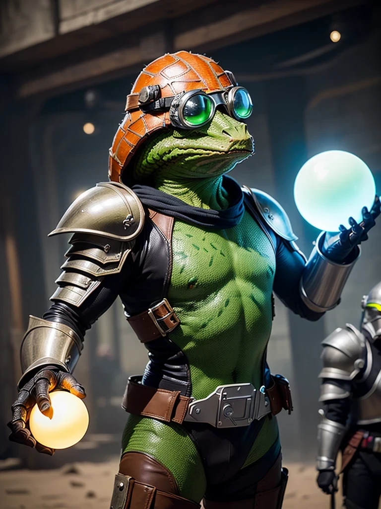 ((best quality: 1.5)) ((masterpiece: 0.8)), intricate details, sharp focus, professional, photorealistic,, ((green jarjar binks, gungan, plains, holding glowing blue spheres, (leather armor:0.8, helmet, airman's goggles)))
