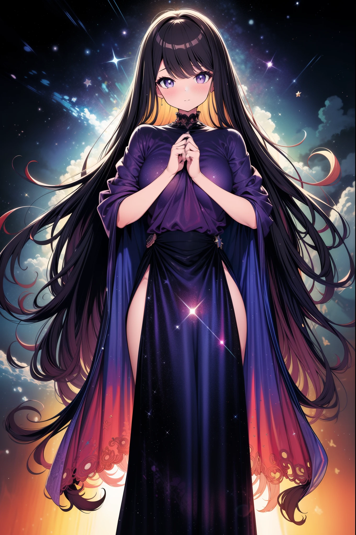 Girl wearing starry dress, The Milky Way stretches to the horizon,Elegant twirl in long skirt,deep indigo and violet shades, A feeling of wonder and vastness of the universe, illustration, oil painting on canvas, 