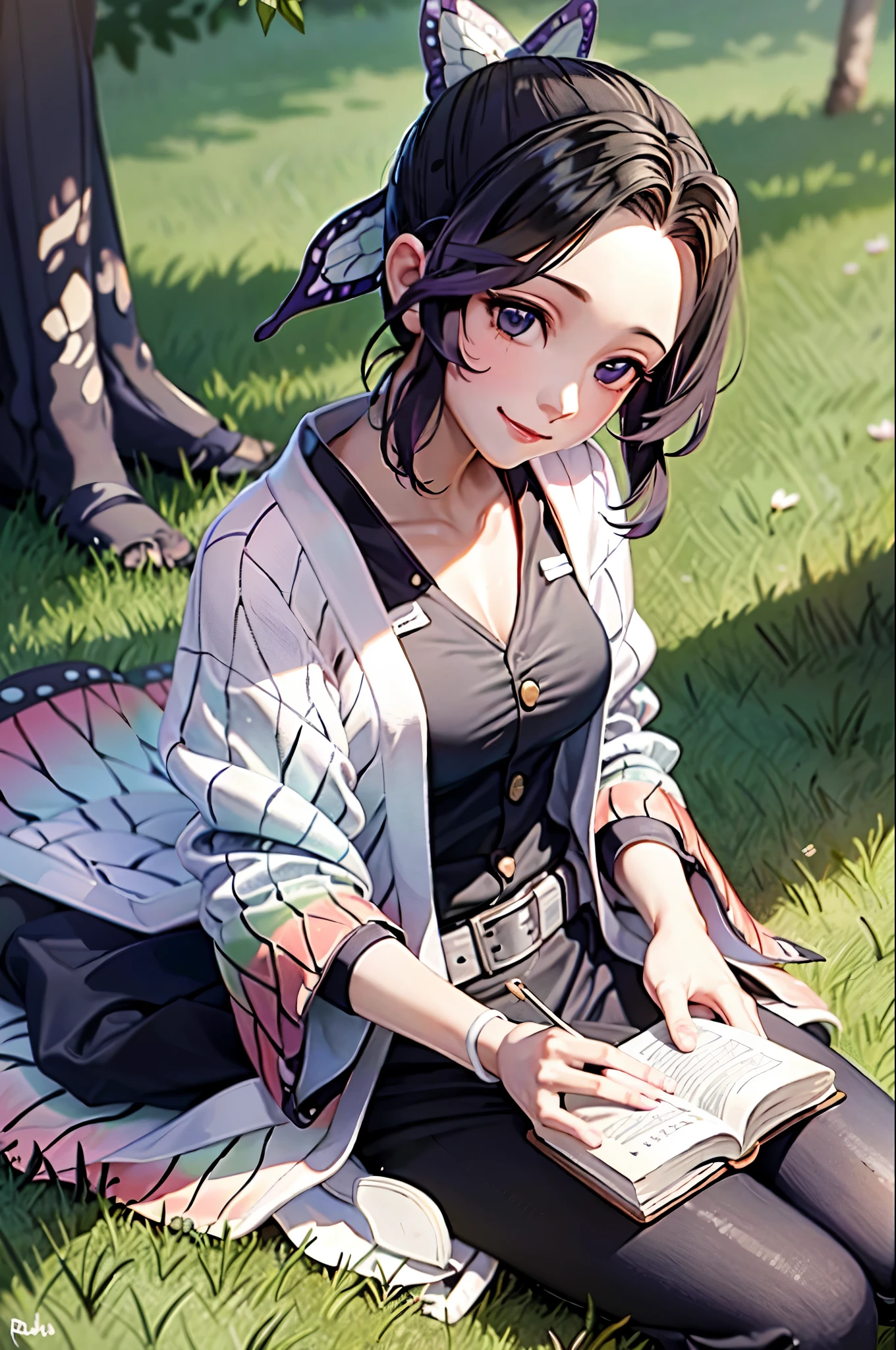 Mejor calidad, Obra maestra, buenas manos, manos perfectas,shinobu, sonrisa,pechos medianos, black cardigan, sitting under a tree, leyendo un libro, textura de piel detallada, (rubor:0.5), (piel de gallina:0.5), Subsoil Dispersion,cruzando la pierna,muslos medianos, pelo blanco