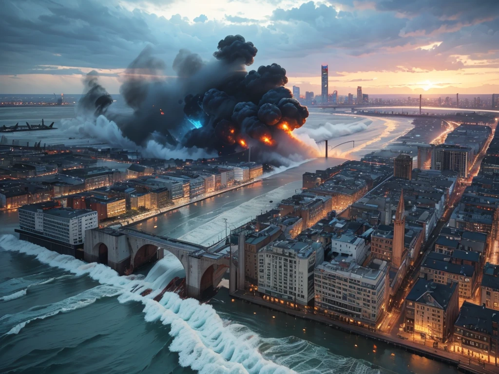 (best quality,4k,8k,highres,masterpiece:1.2),ultra-detailed,(realistic,photorealistic,photo-realistic:1.37),((aerial view)),devastation,disaster,city in chaos,destruction,ruins,dramatic scene,cataclysmic event,people fleeing,panicked crowd,emergency response,search and rescue operations,overwhelming destruction,debris and wreckage,water rushing in,powerful waves,torrential flood,rising water levels,doused buildings,fallen structures,broken bridges,damaged infrastructure,inverted vehicles,drowning city,sinking ships,barely visible skyline in smog and dust,the sound of sirens,emerging heroes amidst chaos,bravery in the face of danger,stunning aerial shots,wide-angle perspective,massive destruction stretched to the horizon,unprecedented catastrophe,city struggling to survive,scene of despair and hope,breathtaking aerial imagery,dramatic composition,vivid colors amid the devastation,flickering lights in the darkness,majestic sea in turmoil,dynamic strokes capturing the force of nature,haunting beauty in tragedy,unforgettable panorama.