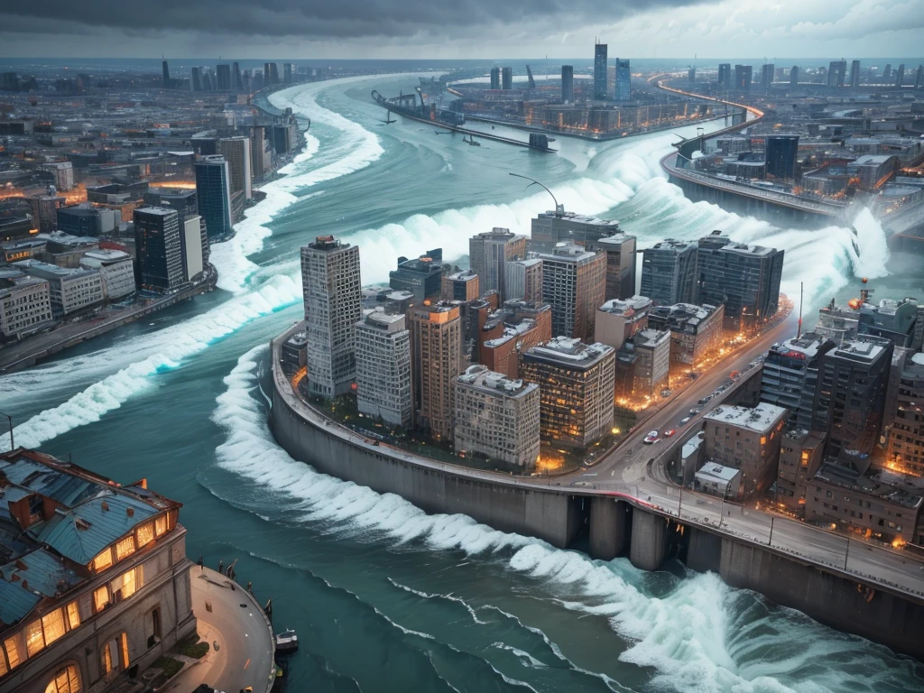 (best quality,4k,8k,highres,masterpiece:1.2),ultra-detailed,(realistic,photorealistic,photo-realistic:1.37),((aerial view)),devastation,disaster,city in chaos,destruction,ruins,dramatic scene,cataclysmic event,people fleeing,panicked crowd,emergency response,search and rescue operations,overwhelming destruction,debris and wreckage,water rushing in,powerful waves,torrential flood,rising water levels,doused buildings,fallen structures,broken bridges,damaged infrastructure,inverted vehicles,drowning city,sinking ships,barely visible skyline in smog and dust,the sound of sirens,emerging heroes amidst chaos,bravery in the face of danger,stunning aerial shots,wide-angle perspective,massive destruction stretched to the horizon,unprecedented catastrophe,city struggling to survive,scene of despair and hope,breathtaking aerial imagery,dramatic composition,vivid colors amid the devastation,flickering lights in the darkness,majestic sea in turmoil,dynamic strokes capturing the force of nature,haunting beauty in tragedy,unforgettable panorama.