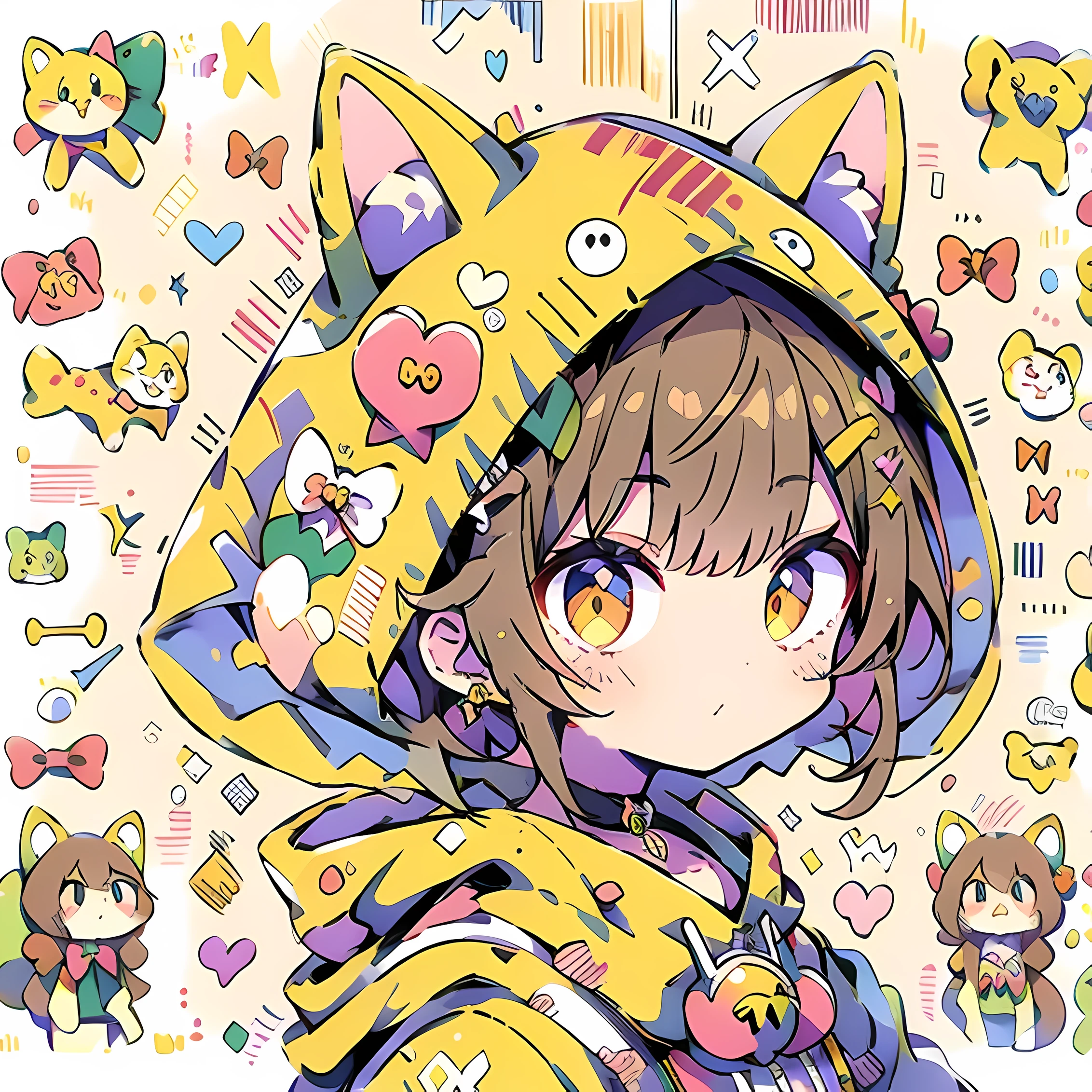 cat ear hoodie、wearing a hood、brown hair、Choker with large bells、Decora style illustration, nice art style, anime atmosphere, anime moe art style, anime style 4k, anime style illustration, anime art wallpaper 4k, anime art wallpaper 4k, anime art style, retro anime girl, High quality anime art style, anime style portrait, anime graphic illustration