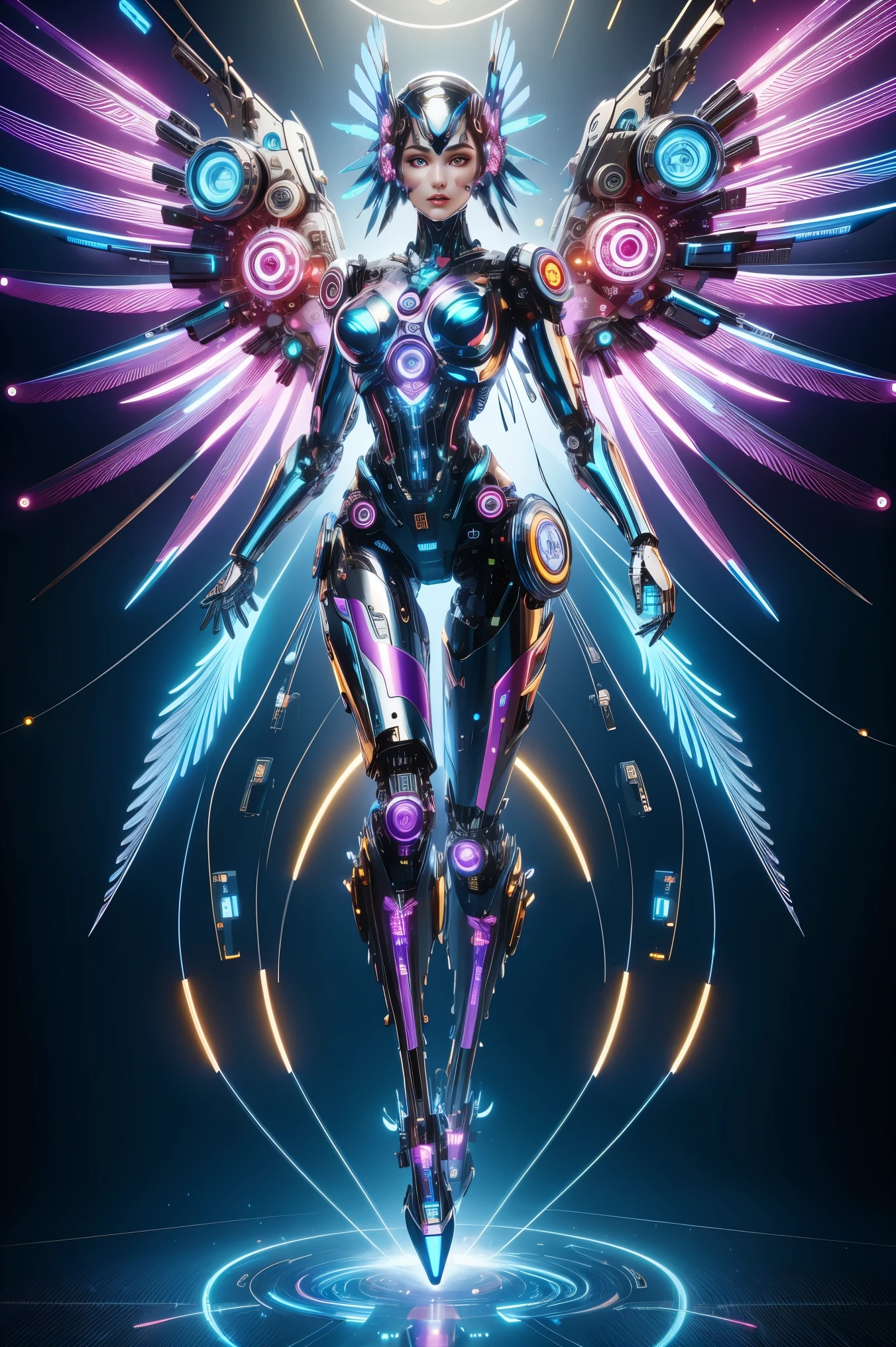 (masterpiece, best quality:1.2), Futuristic, mechanical female angel, high-tech machinery, dreamy radiance, full body, female figure, floating mid-air, intricate craftsmanship, masterpiece, glowing, neon lights, high-tech mechanical parts, mechanical fingers, mechanical wings, mechanical head, metal feathers, cool appearance, mechanical legs, biomimetic eyes, intricate feather design, dreamy radiance, electric blue, bright purple, vividly glowing eyes, reflective metallic surfaces, interlocking mechanical gears, dynamic fashion, motion blur effect, sci-fi atmosphere, aerodynamic streamlined, laser scanning patterns, holographic projection, glowing circuit lines, electric sparks, shiny chrome