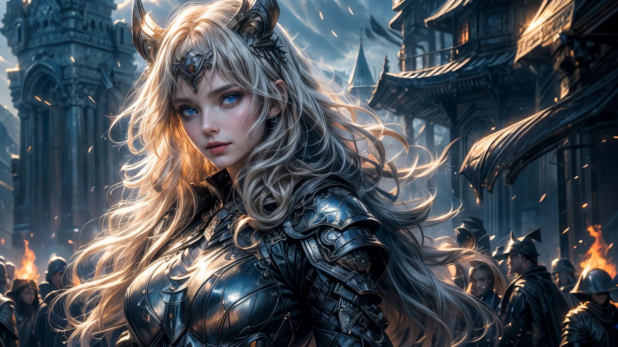 ((best quality, 8k, sharp focus, 35mm lens, masterpiece: 1.2, backlight, The ultimate girl, Highly detailed facial textures, Highly detailed facial textures, Delicate makeup: 1.2, Realistic skin, Delicate bangs)), Mountain background at night, (Detailed full metal armor), Handheld flame gun, (eagle helmet), female war goddess, Inverted triangle face, grinning, Delicate Divine Pale Blonde Hair, messy long curly hair, wind, light mist, Devil's Castle, Beautiful and detailed dark blue eyes, Determination and brave face, The final battle, absurd, (medium distance photography:1.8)