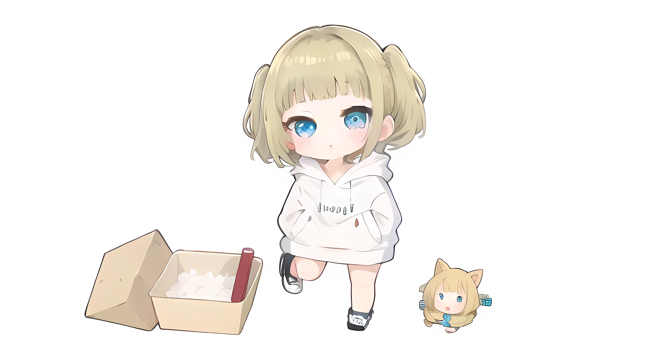 blonde、blonde hair,hairstyle short mash、turquoise eyes、one girl、short mash hair、plain white hoodie、black sneakers、no socks, simple background