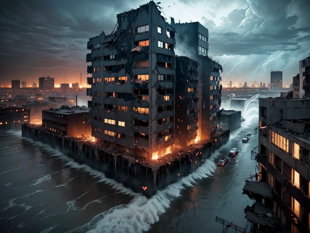 ((Aerial View)), (devastating,destructive:1.1) earthquake and tsunami strikes London, (chaotic,panicked:1.1) people running for cover, (collapsing,damaged:1.1) houses and cars being washed away, (terrified,frightened:1.1) citizens seeking safety, (ominous,dark:1.1) clouds hover above the city, (gushing,roaring:1.2) waves crashing into the urban landscape, (turbulent,violent:1.1) waters engulfing the streets, (dramatic,heart-wrenching:1.2) scenes of destruction and despair, (apocalyptic,nightmarish:1.1) atmosphere, (grim,desolate:1.1) aftermath, debris scattered everywhere, (urgent,survival:1.1) decisions being made in a race against time, (harrowing,devastated:1.1) cityscape with remnants of what used to be, (vivid colors,dark tones:1.1), (dramatic lighting,harsh shadows:1.1).