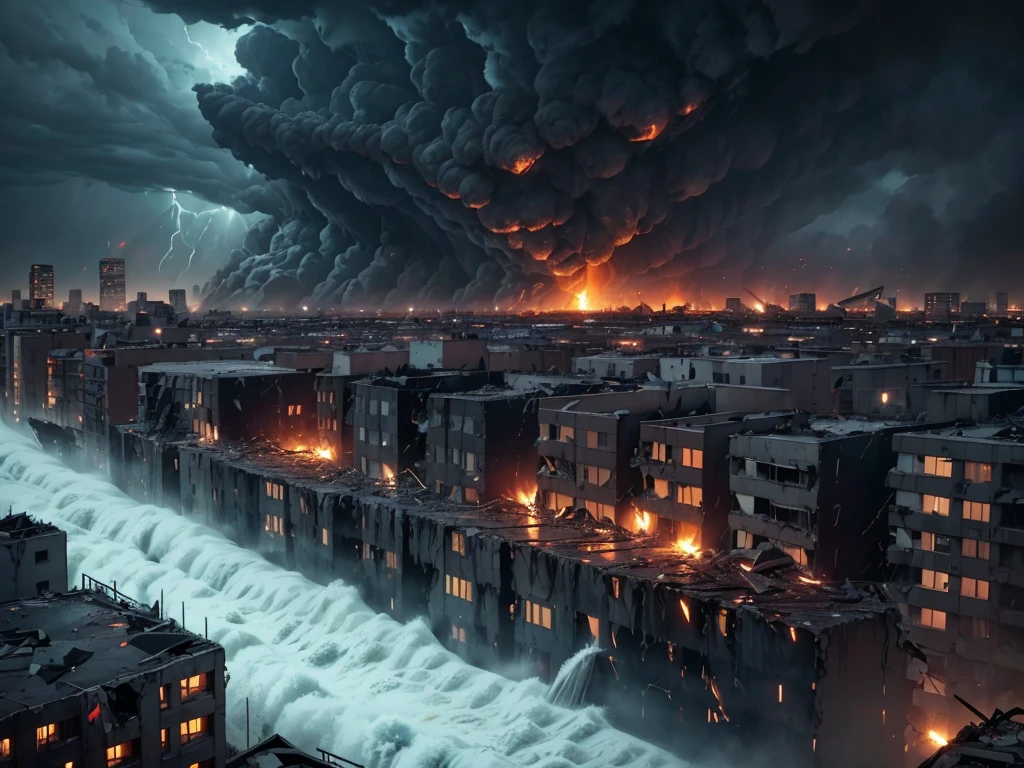 ((Aerial View)), (devastating,destructive:1.1) earthquake and tsunami strikes London, (chaotic,panicked:1.1) people running for cover, (collapsing,damaged:1.1) houses and cars being washed away, (terrified,frightened:1.1) citizens seeking safety, (ominous,dark:1.1) clouds hover above the city, (gushing,roaring:1.2) waves crashing into the urban landscape, (turbulent,violent:1.1) waters engulfing the streets, (dramatic,heart-wrenching:1.2) scenes of destruction and despair, (apocalyptic,nightmarish:1.1) atmosphere, (grim,desolate:1.1) aftermath, debris scattered everywhere, (urgent,survival:1.1) decisions being made in a race against time, (harrowing,devastated:1.1) cityscape with remnants of what used to be, (vivid colors,dark tones:1.1), (dramatic lighting,harsh shadows:1.1).