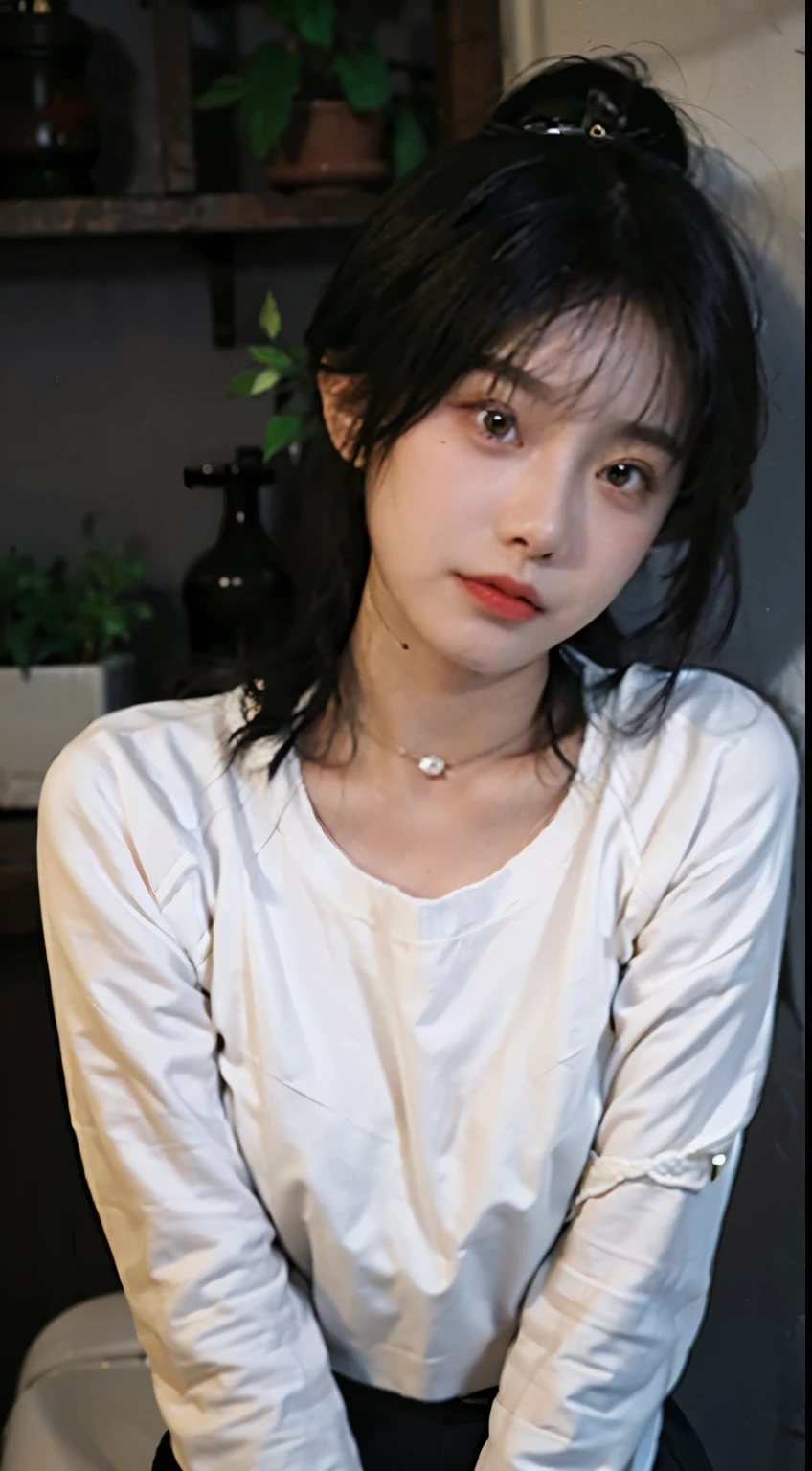 best qualtiy, ultra high resolution, (realisticlying:1.4),Baoyu Girl,1girll, ,Cropped red sweater,a sense of atmosphere,Beautiful woman with a slim figure:1.4, Abs:1.1, Toilets,Ultra-fine face,Elaborate Eyes,double eyelid,choker necklace