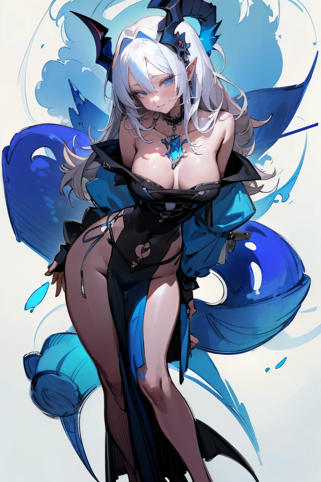 ((Sketch)), (Watercolor), 1girl, long white hair, messy hair, (four demon horns), demon tail, light blue eyes, beautiful eyes, pointy ears, detailed lips, smirk, choker, collarbone, bare shoulders, large breast, wide hips, (black revealing clothes with blue ornate), (long pelvic curtain), center opening, thigh gap, black fingerless gloves, (blue flames, blue fire background), hip dips, thick thighs, perky breasts