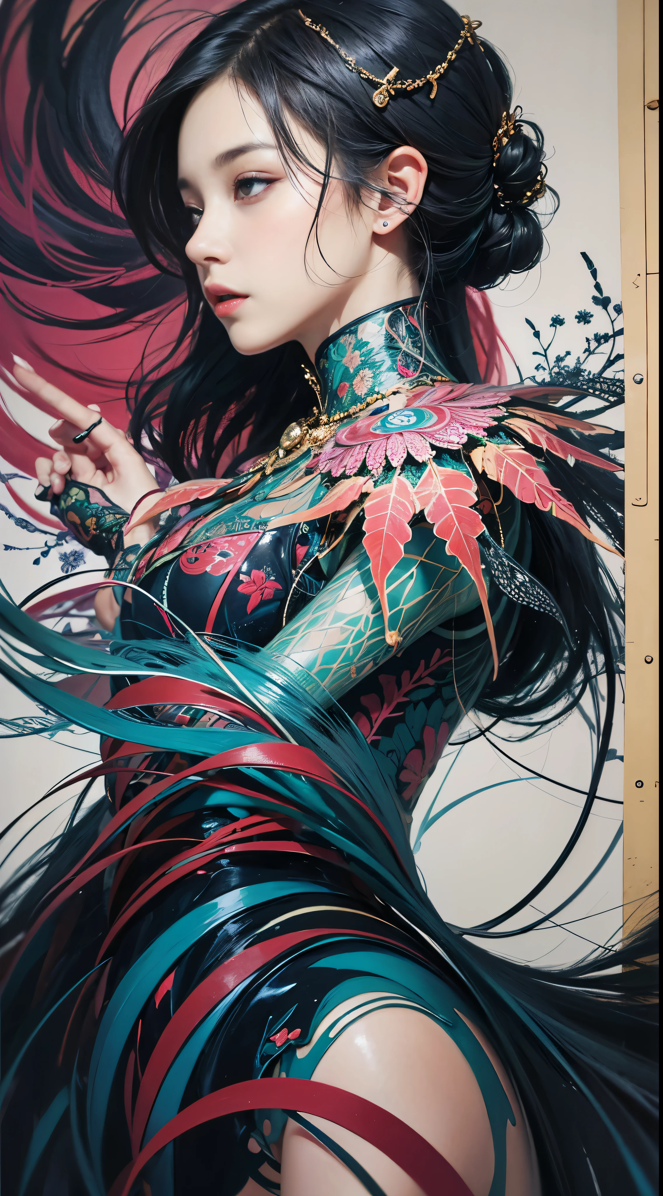 official art, unity 8k wallpaper, Super detailed, beautiful and aesthetic, masterpiece, highest quality, (zentangle, mandala, tangle, entangle), (fractal art:1.3) , 1 girl, very detailed, dynamic angle, cowboy shot, the most beautiful form of chaos, elegant, brutal designer, bright colors, romanticism, Written by James Jean, robbie dowi antono, The Tran, francis bacon, michael muratu, Adrianne&#39;genius, Petra Cortright, Gerhard Richter, takato yamamoto, ashley wood, in the atmosphere, ecstasy of notes, Streaming notes are displayed,