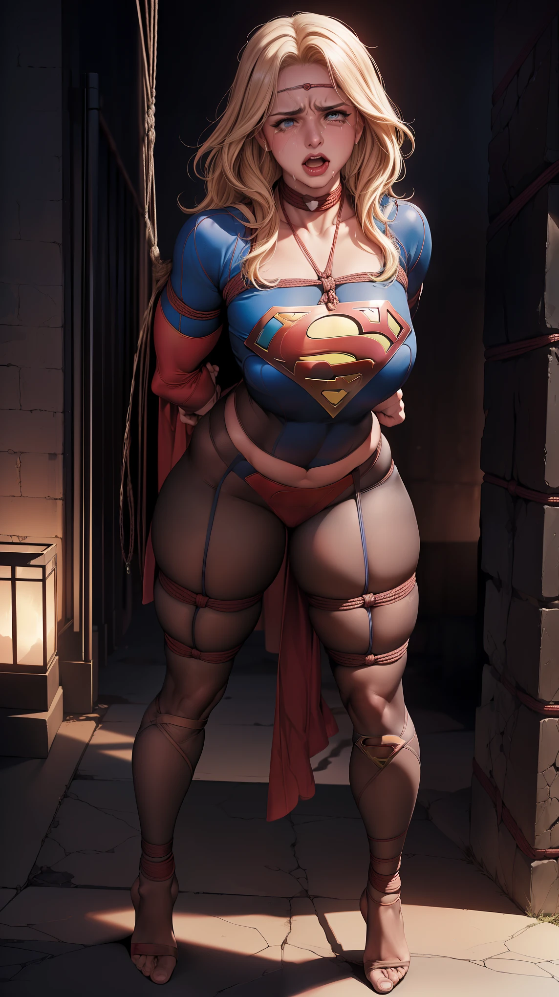 ((SUPERHEROINA SUPERGIRL, NUMA FLORESTA TROPICAL, NO MEIO DA SELVA)), (Supergirl is barefoot), ((SUPERHEROINE SUPERGIRL, WEAKLY STANDING, PERNAS ABERTAS, on tiptoe)), (SUPERHEROINA SUPERGIRL suada por todo o corpo), (Supergirl chorando muito). ((SUPERHEROINA SUPERGIRL tem cabelo loiro, ela tem cabelo longo)), ((SUPERHEROINA SUPERGIRL wearing a thick metal necklace around her neck )), (Your clothes are immoral, your clothes are indecent, your clothes are tight), ((Shibari, arms behind the back:1.4)), ((hands on back)), ((string constraint)), ((Inevitable restriction with ropes)), (obra-prima, melhor qualidade) 1.5, 1 garota, sozinho, (sexy, mulher bonita, rosto perfeito, olhos perfeitos) corpo inteiro, ((High definition face)), (((SUPERHEROINA SUPERGIRL ESCRAVIZADA, Tears run down your face))).