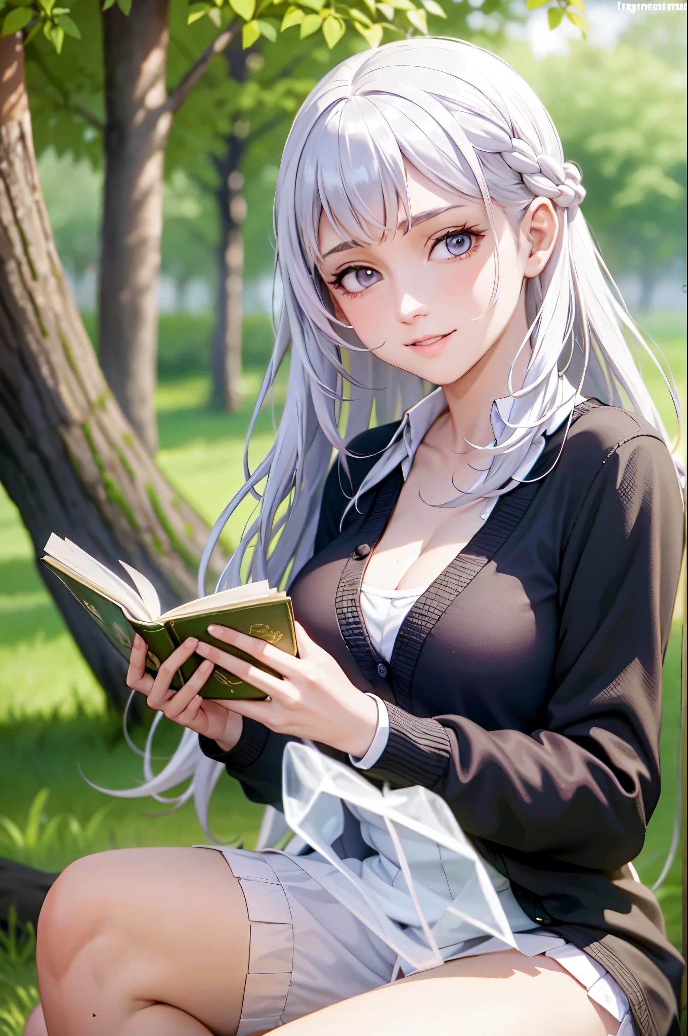 best quality, masterpiece, nice hands, perfect hands,noelle siova, smile,medium  breasts, black Cardigan, sitting under a tree, reading a book, detailed skin texture, (blush:0.5), (goosebumps:0.5), subsurface scattering,sit cross leg,medium thighs, whitehair
