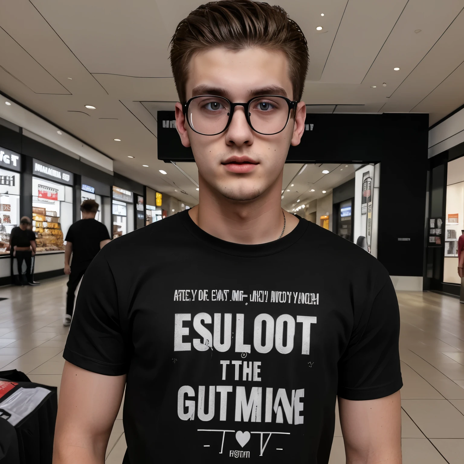 22-year-old man at the mall wearing a black shirt with the word Guterz printed on the left side of the chest