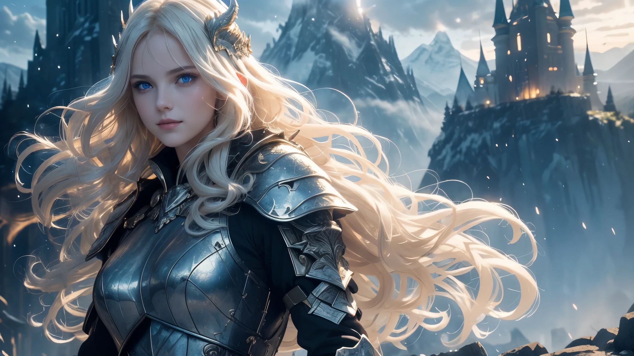 ((best quality, 8k, sharp focus, 35mm lens, masterpiece: 1.2, backlight, The ultimate girl, Highly detailed facial textures, Highly detailed facial textures, Delicate makeup: 1.2, Realistic skin, Delicate bangs)), Mountain background at night, (Detailed full metal armor), Handheld flame gun, (eagle helmet), female war goddess, Inverted triangle face, grinning, Delicate Divine Pale Blonde Hair, messy long curly hair, wind, light mist, Devil's Castle, Beautiful and detailed dark blue eyes, Determination and brave face, The final battle, absurd, (medium distance photography:1.8)