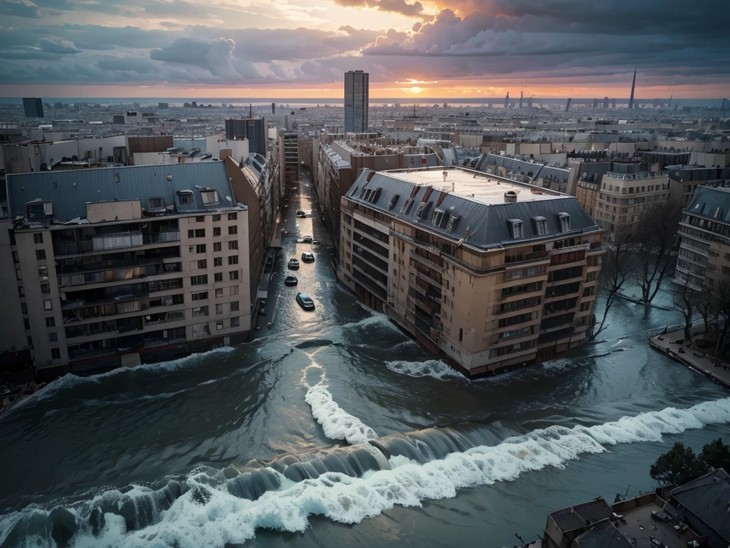 ((Aerial View)), (devastating,destructive:1.1) earthquake and tsunami strikes London, (chaotic,panicked:1.1) people running for cover, (collapsing,damaged:1.1) houses and cars being washed away, (terrified,frightened:1.1) citizens seeking safety, (ominous,dark:1.1) clouds hover above the city, (gushing,roaring:1.2) waves crashing into the urban landscape, (turbulent,violent:1.1) waters engulfing the streets, (dramatic,heart-wrenching:1.2) scenes of destruction and despair, (apocalyptic,nightmarish:1.1) atmosphere, (grim,desolate:1.1) aftermath, debris scattered everywhere, (urgent,survival:1.1) decisions being made in a race against time, (harrowing,devastated:1.1) cityscape with remnants of what used to be, (vivid colors,dark tones:1.1), (dramatic lighting,harsh shadows:1.1).