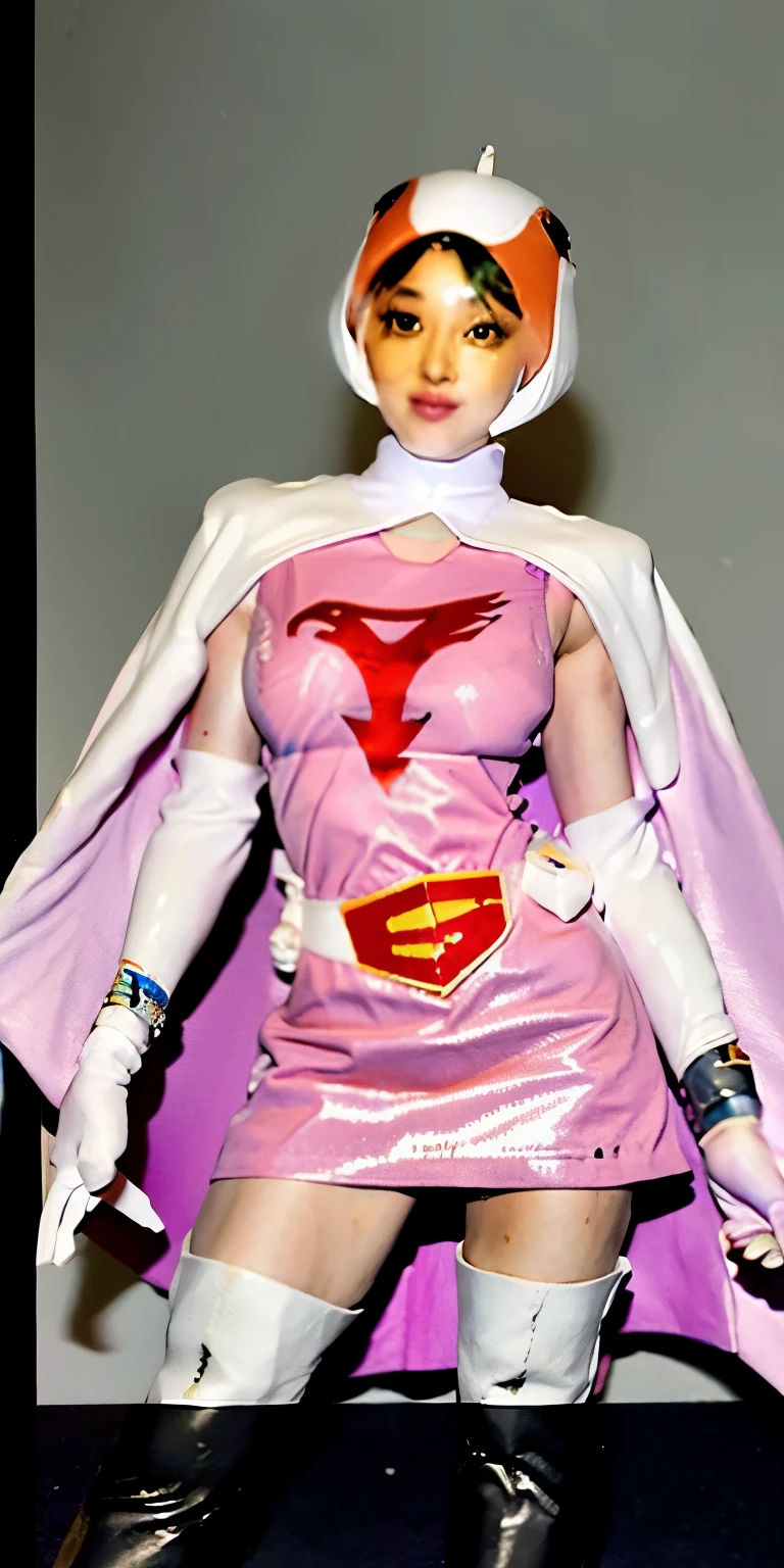 Highest image quality、real image、18-year-old美少女、ポニーテールbeautiful woman、beautiful sister、A woman wearing a pink dress and cloak is standing in front of a building, 18-year-oldの女の子,Jun the Swan、knee high boots science ninja、white panties、beautiful woman、 As a retro-futuristic heroine, 18-year-old、As a retro-futuristic heroine, beautiful thighs、sheila, she - ra, anime female hero portrait, Portrait of a modern dharna, anime visual of super girl, super girl, official art, Dinah Drake, hironaka, Blowjob White Mecha Miniskirt