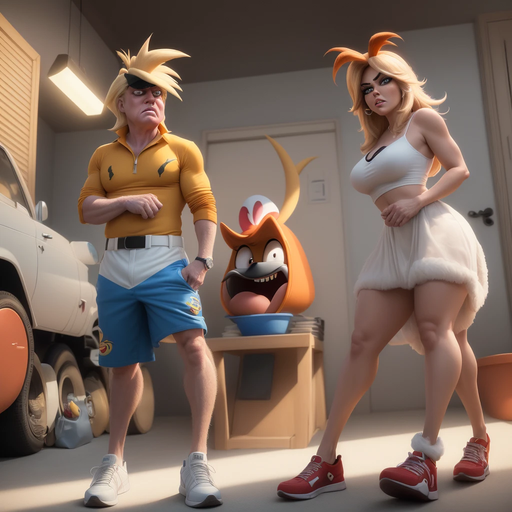 An extremely complex scene with two subjects: the Looney Tunes Road Runner greatly resembling Donald Trump, outwitting the Looney Tunes Wile E. Coyote greatly resembling Joe Biden, all set in the US White House. The artwork should have the best quality, be ultra-detailed, and realistic. The scene should depict the interaction between the two characters with vivid colors and professional studio lighting. The color tone should be vibrant and eye-catching. The lighting should highlight the details of the characters and the surroundings.