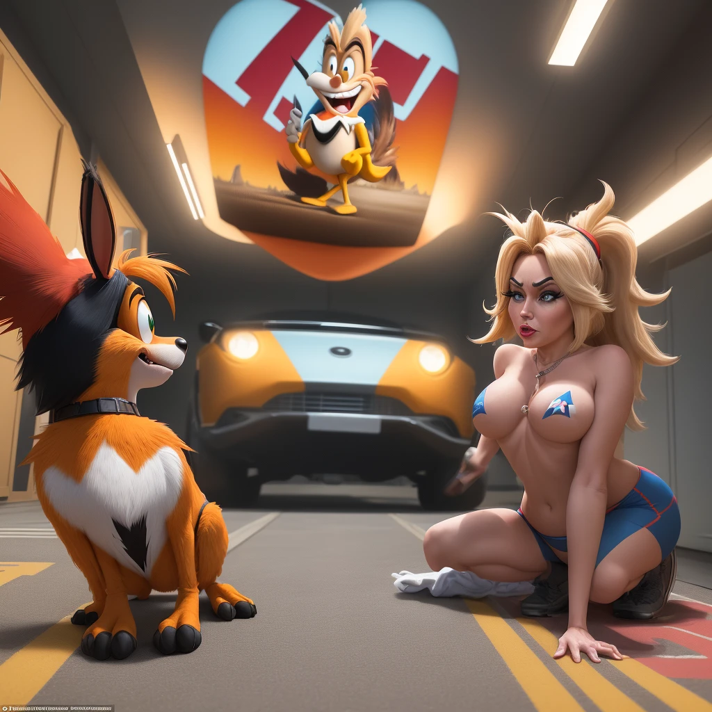 An extremely complex scene with two subjects: the Looney Tunes Road Runner greatly resembling Donald Trump, outwitting the Looney Tunes Wile E. Coyote greatly resembling Joe Biden, all set in the US White House. The artwork should have the best quality, be ultra-detailed, and realistic. The scene should depict the interaction between the two characters with vivid colors and professional studio lighting. The color tone should be vibrant and eye-catching. The lighting should highlight the details of the characters and the surroundings.