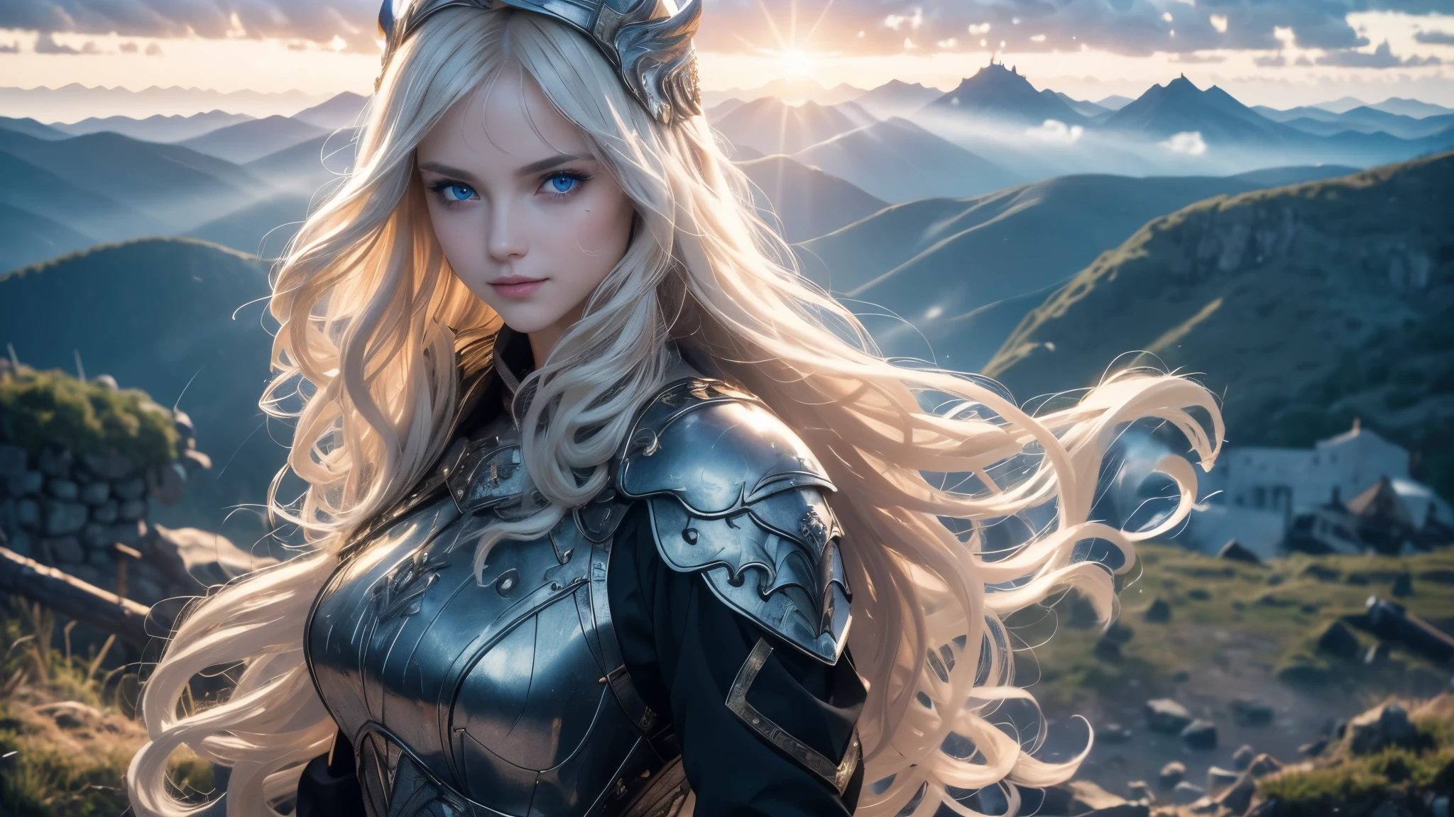 ((best quality, 8k, sharp focus, 35mm lens, masterpiece: 1.2, backlight, The ultimate girl, Highly detailed facial textures, Highly detailed facial textures, Delicate makeup: 1.2, Realistic skin, Delicate bangs)), Mountain background at night, (Detailed full metal armor), Handheld flame gun, (eagle helmet), female war goddess, Inverted triangle face, grinning, Delicate Divine Pale Blonde Hair, messy long curly hair, wind, light mist, Devil&#39;s Castle, Beautiful and detailed dark blue eyes, Determination and brave face, The final battle, absurd, 