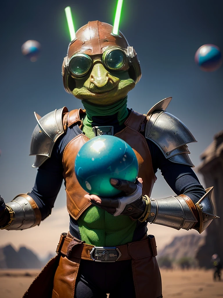 ((best quality: 1.5)) ((masterpiece: 0.8)), intricate details, sharp focus, professional, photorealistic,, ((green jarjar binks, gungan, plains, holding glowing blue spheres, (leather armor:0.8, helmet, airman's goggles)))