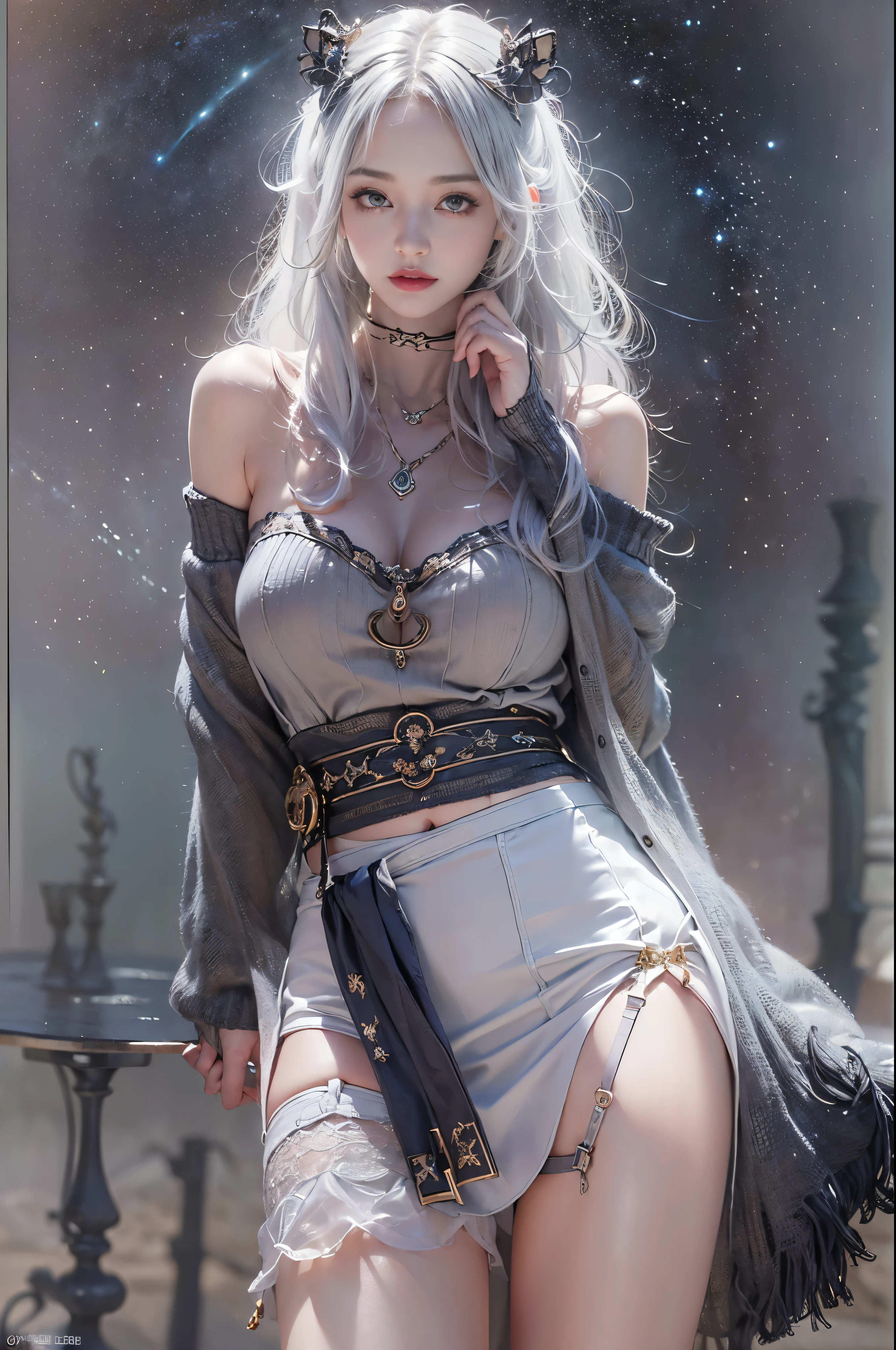 ((masterpiece:1.4)、(highest quality:1.4)、(realistic:1.7))、Written by Luis Royo（Written by Luis Royo）Surreal portrait of a beautiful girl、超beautiful girl、((1 girl:1.4))、Radiant natural skin texture、author：Written by Luis Royo（Written by Luis Royo）、19 years old、(upper arm:1.4、two legs:1.4)、(perfect anatomy:1.4)、(perfect female body:1.4)、girl portrait photography、close up photo、full body shot、((table top:1.4), (highest qualityの:1.4), (realistic:1.7), Written by Luis Royo, beautiful girl, 超beautiful girl, ((1 girl:1. 4), Radiant natural skin texture, author: Written by Luis Royo, 19 years old, (perfect female body: 1.4), (perfect female body: 1.) 4), girl portrait photography, close up photo, （full body photo）, fantasy art, soft front light, beautiful expression, cute face, beautiful breasts, big breasts: 1. 2, beautiful butt, fine eyes, Clear and eye-catching, beautiful and attractive, beautiful eyes, thin waist, RAW photo, red lips, ((gray hair, long hair)) , 1 screen display, ),((off-the-shoulder hand-knitted sweater))、((black tight skirt)）、 (sexy posture), (milky way in the sky),((T-back pants))、((black garter and garter belt))、(laughter)、((膣兰)）、((erection)）