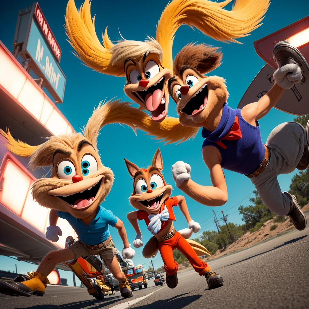 An extremely complex scene with two subjects: the Looney Tunes Road Runner greatly resembling Donald Trump, outwitting the Looney Tunes Wile E. Coyote greatly resembling Joe Biden, all set in the US White House. The artwork should have the best quality, be ultra-detailed, and realistic. The scene should depict the interaction between the two characters with vivid colors and professional studio lighting. The color tone should be vibrant and eye-catching. The lighting should highlight the details of the characters and the surroundings.
