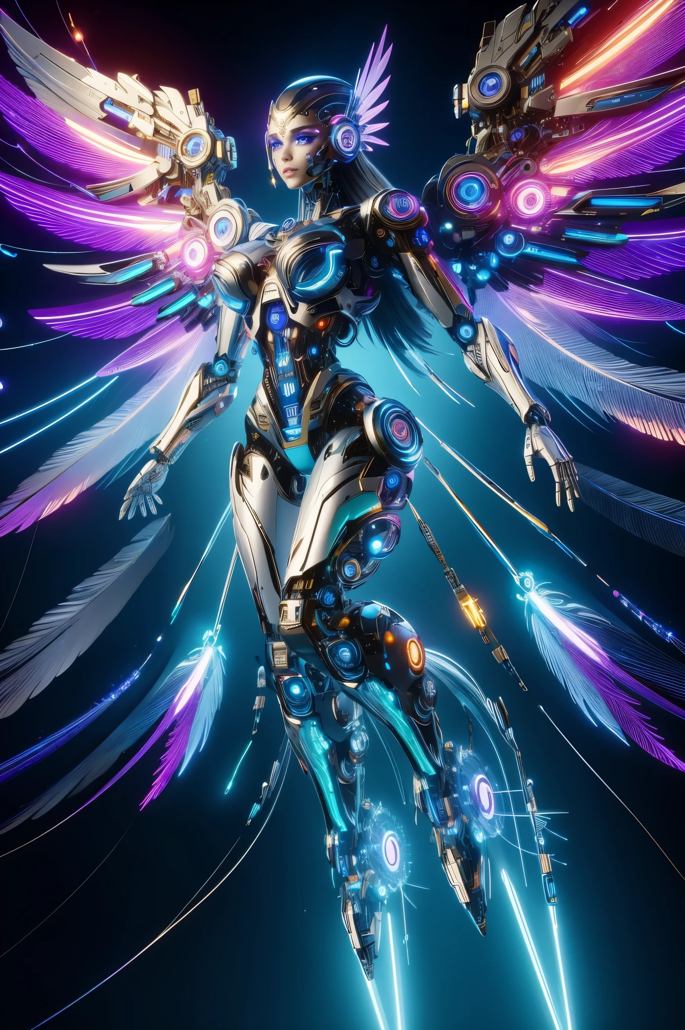 (masterpiece, best quality:1.2), Futuristic, mechanical female angel, high-tech machinery, dreamy radiance, full body, female figure, floating mid-air, intricate craftsmanship, masterpiece, glowing, neon lights, high-tech mechanical parts, mechanical fingers, mechanical wings, mechanical head, metal feathers, cool appearance, mechanical legs, biomimetic eyes, intricate feather design, dreamy radiance, electric blue, bright purple, vividly glowing eyes, reflective metallic surfaces, interlocking mechanical gears, dynamic fashion, motion blur effect, sci-fi atmosphere, aerodynamic streamlined, laser scanning patterns, holographic projection, glowing circuit lines, electric sparks, shiny chrome, (Gray background, simple background:1.5)